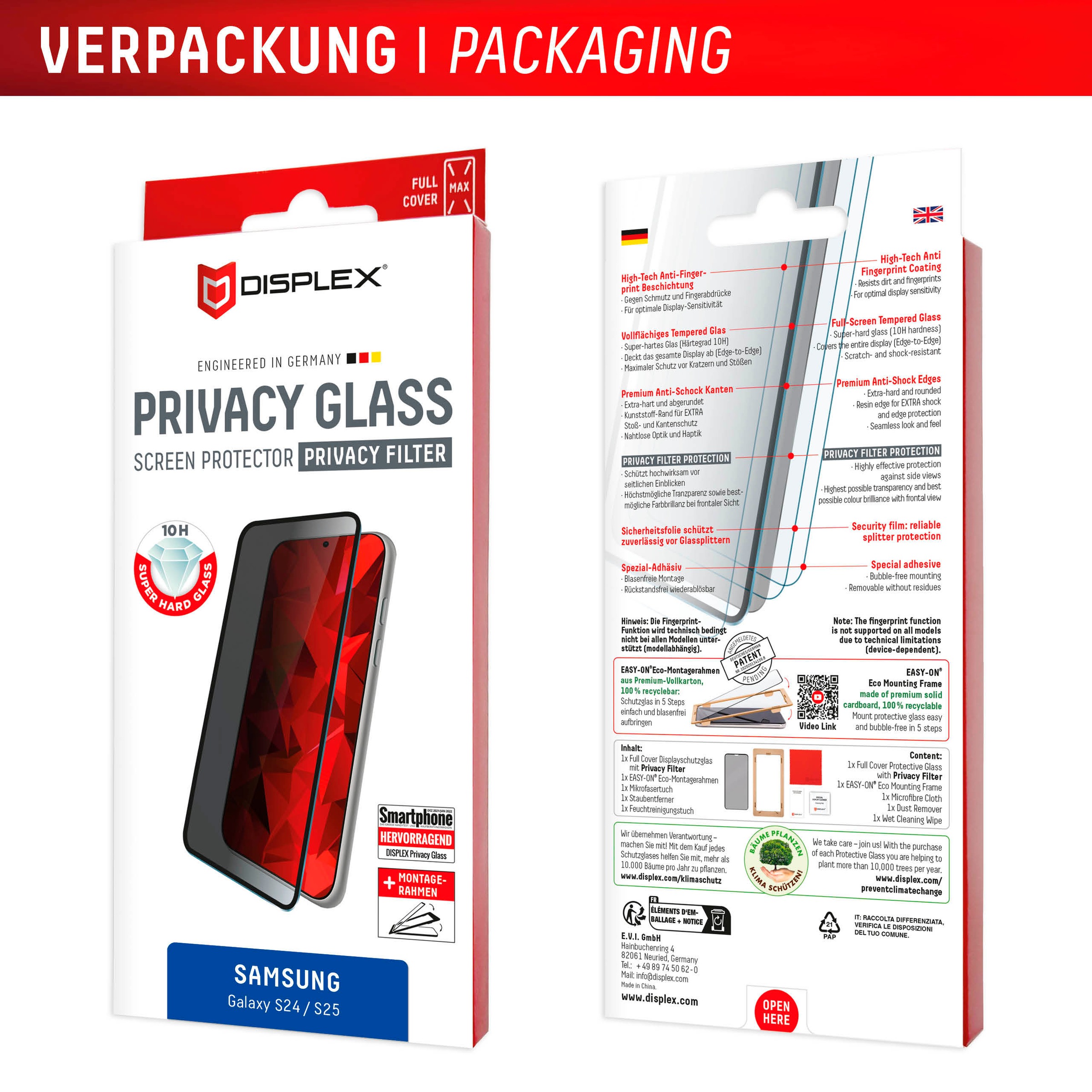 Displex Displayschutzglas »Privacy Glass«, für Samsung Galaxy S24-Samsung Galaxy S25, Blickschutz Displayschutzfolie Displayschutz kratzer-resistent 10H