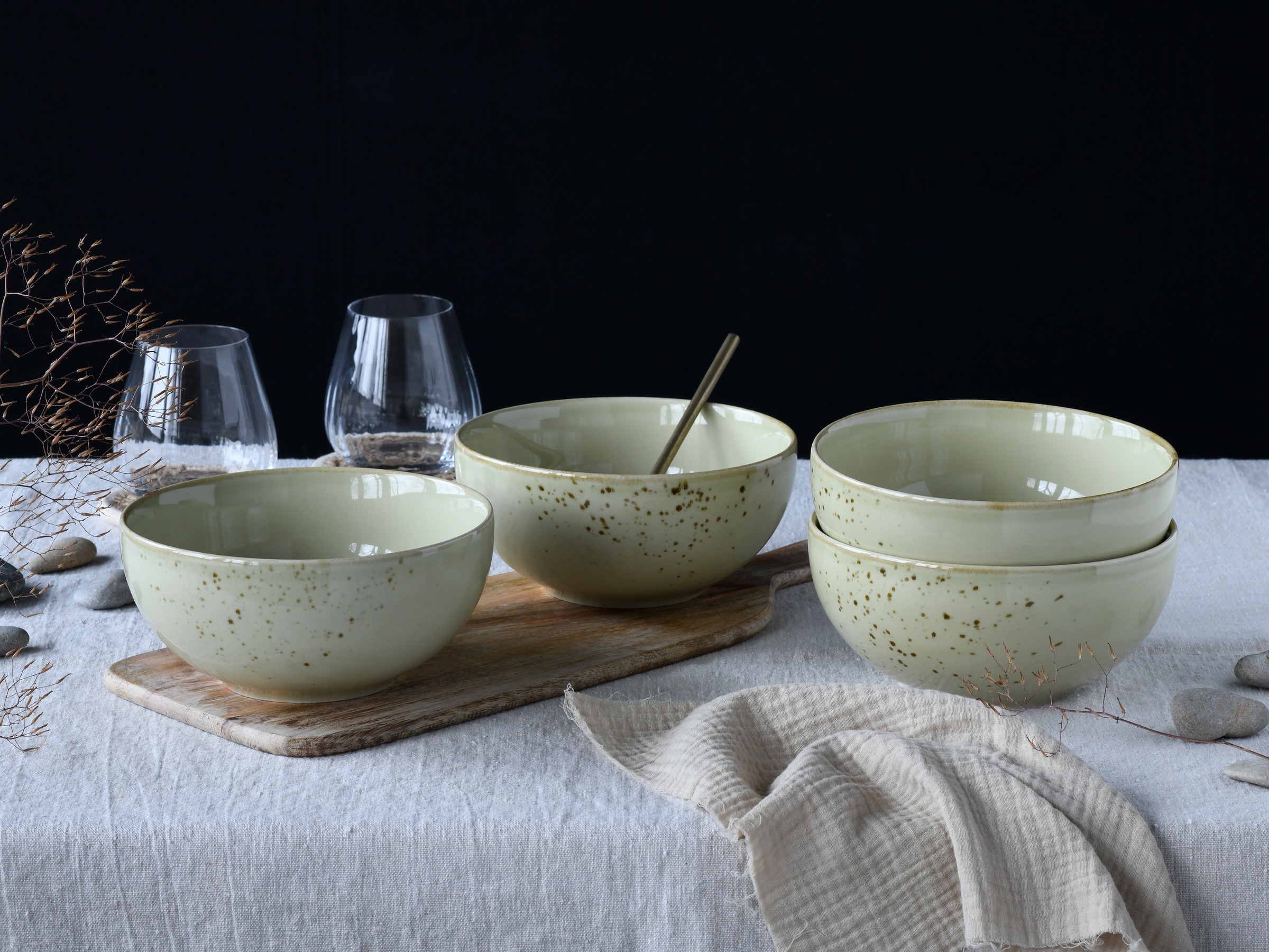 CreaTable Schale »Nature Collection, Buddha Bowl 4-tlg«, 4 tlg., aus Steinzeug, Handwerklicher Look, Vintage, Höhe 7,5 cm