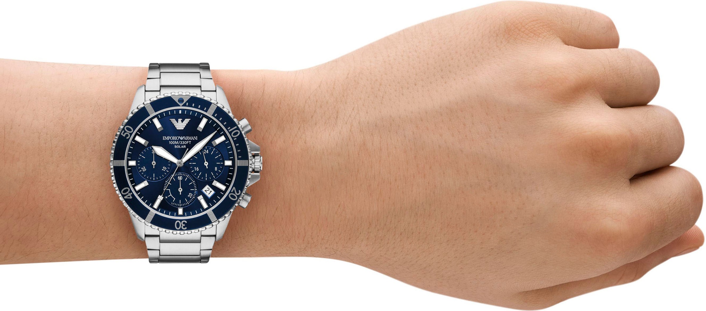 Emporio Armani Chronograph, Armbanduhr, Solar, Herrenuhr, Edelstahlarmband, analog, Tag