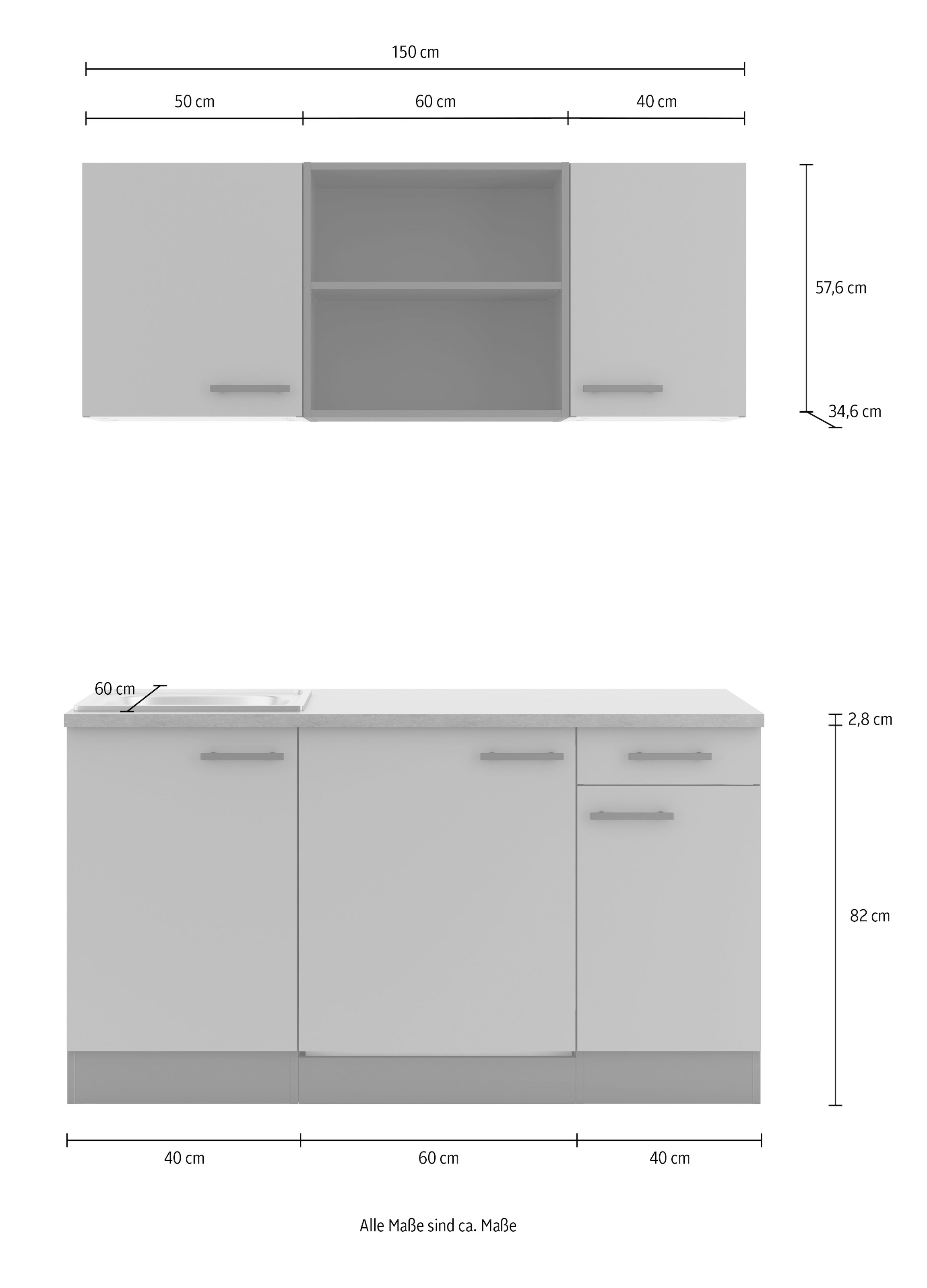 OPTIFIT Küchenzeile »Palma«, Breite 150 cm, wahlweise mit Unterbaukühlschrank oder Kochfeld