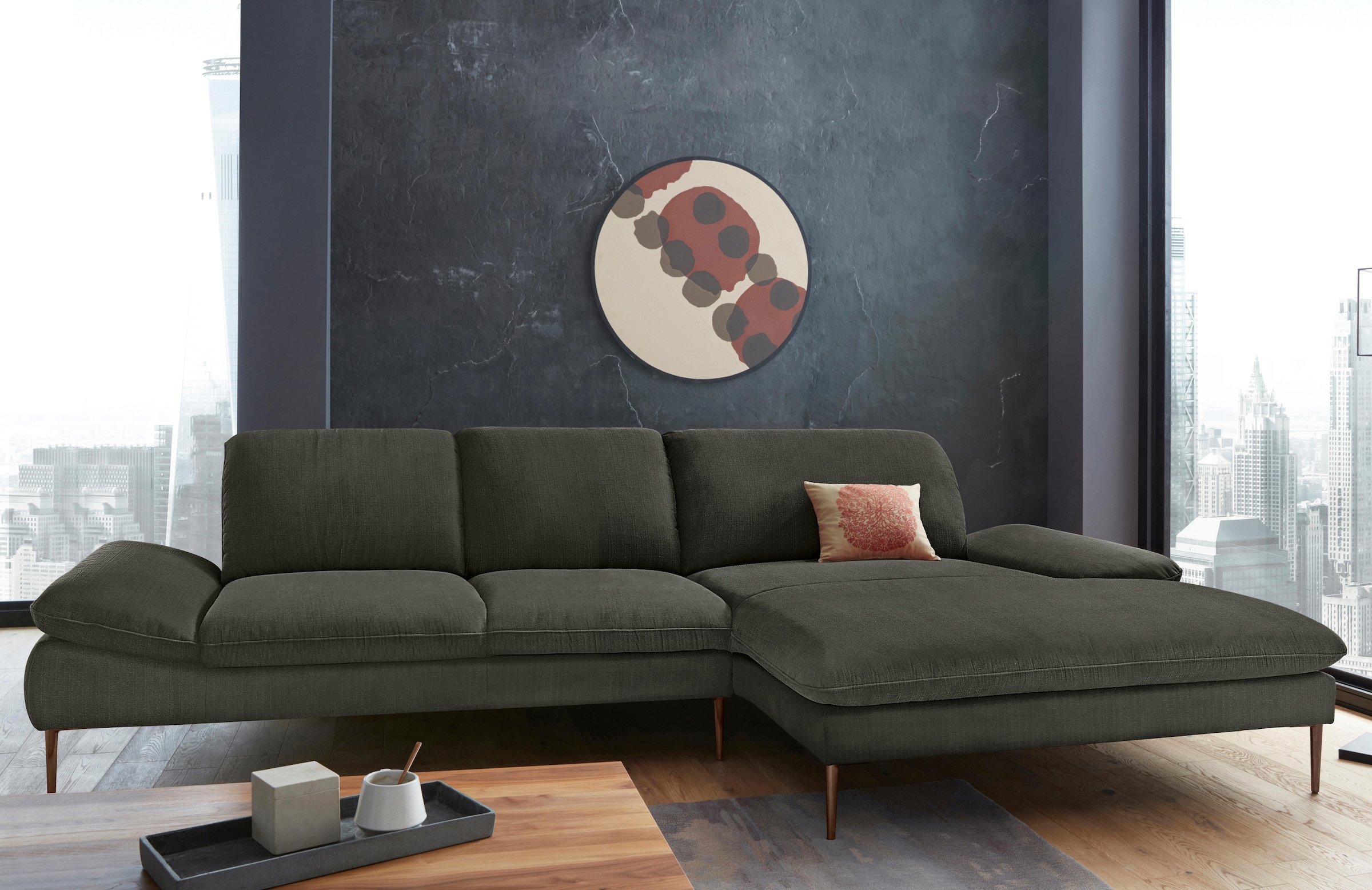 Ecksofa W.SCHILLIG "enjoy&MORE, Designsofa, bequem, elegant und zeitlos, L-Form", grün (hunter r66), B:340cm H:87cm T:185cm, Chenille-Flachgewebe R66 (85% Polyester, 15% Nylon);Longlife Xtra-Leder Z59: Glattleder mit modischer Prägung. Hautstärke 0, 9 - 1 4