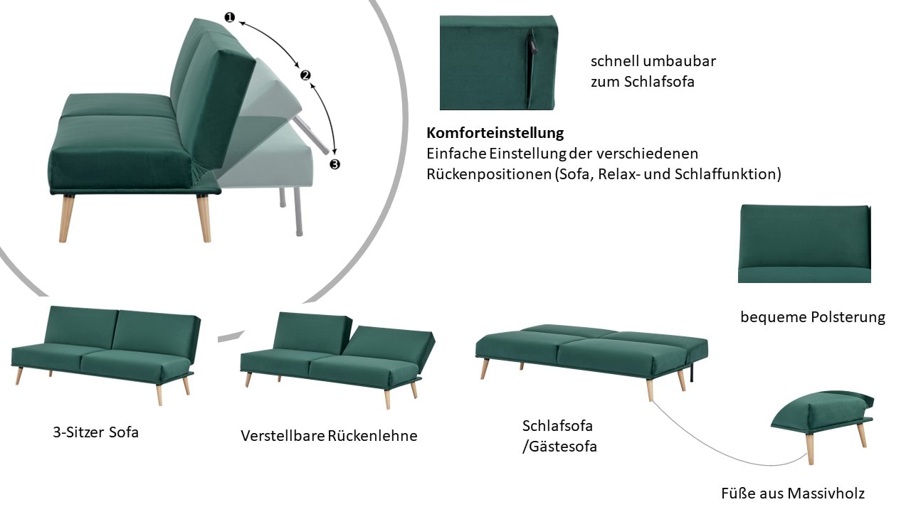 INOSIGN Schlafsofa »TRIPTON, 181 cm, klappbarer 3-Sitzer mit Schlaffunktion,«, verstellbarer geteilter Rücken
