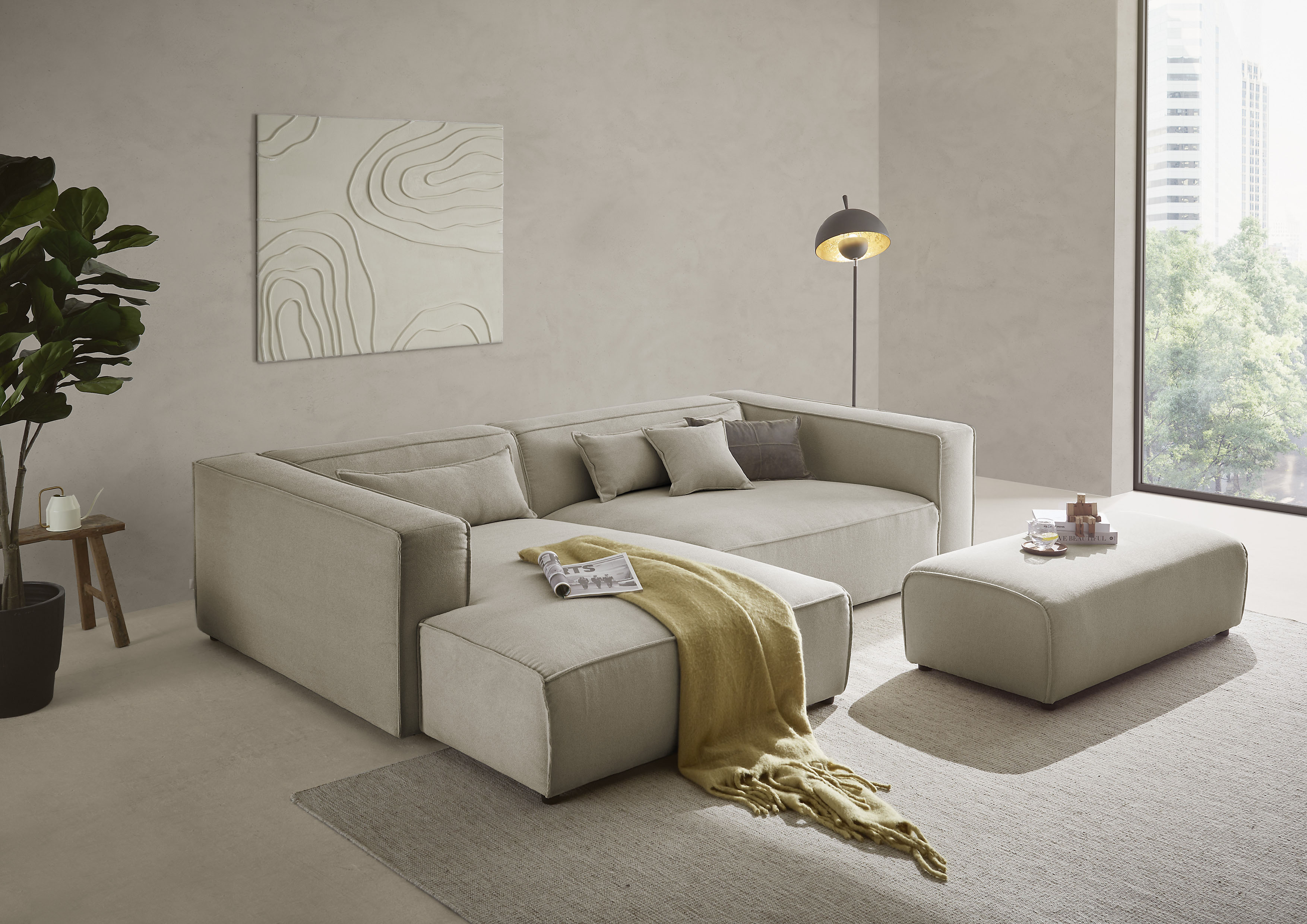 LeGer Home by Lena Gercke Ecksofa "PIARA XXL Struktur u. Leinenoptik, L-Form, Schlaffunktion" Hocker stellbar zum Schlafsofa (Krokodilverbinder), tiefe Sitzfläche