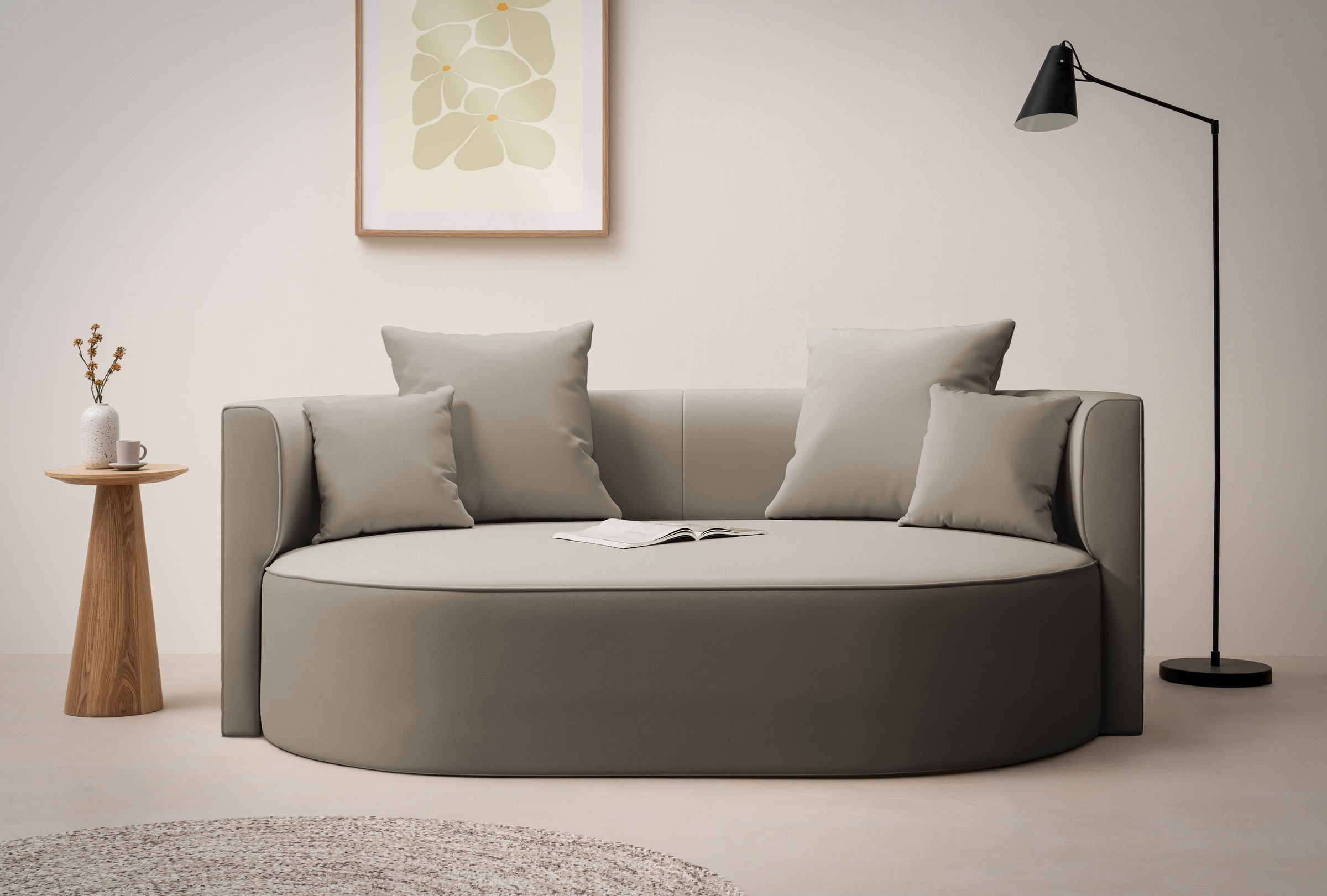 LeGer Home by Lena Gercke 2,5-Sitzer »ISALIE, rundes Loungesofa, mit Kissen, perfekt gepolstert«, moderne Stoffe, mit 4 Zierkissen, extra große Sitzfläche