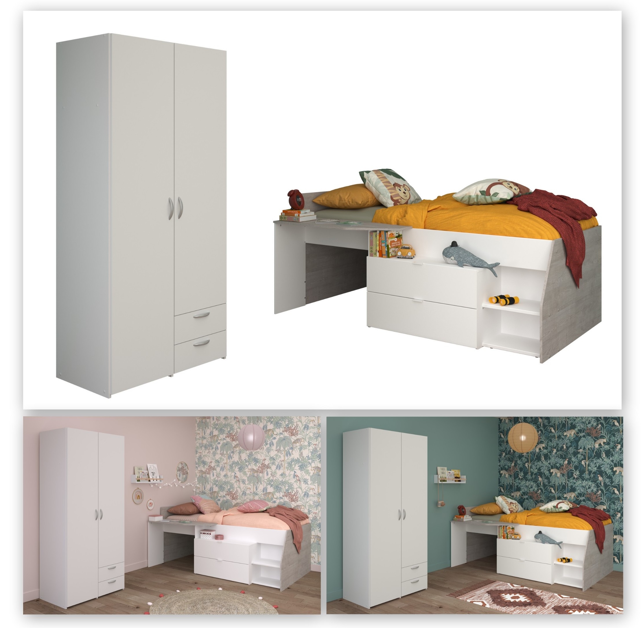 Parisot Jugendzimmer-Set »Parisot Milky 14«, (2 tlg., Bestehend aus halbhohem Hochbett und 2-trg. Kleiderschrank)
