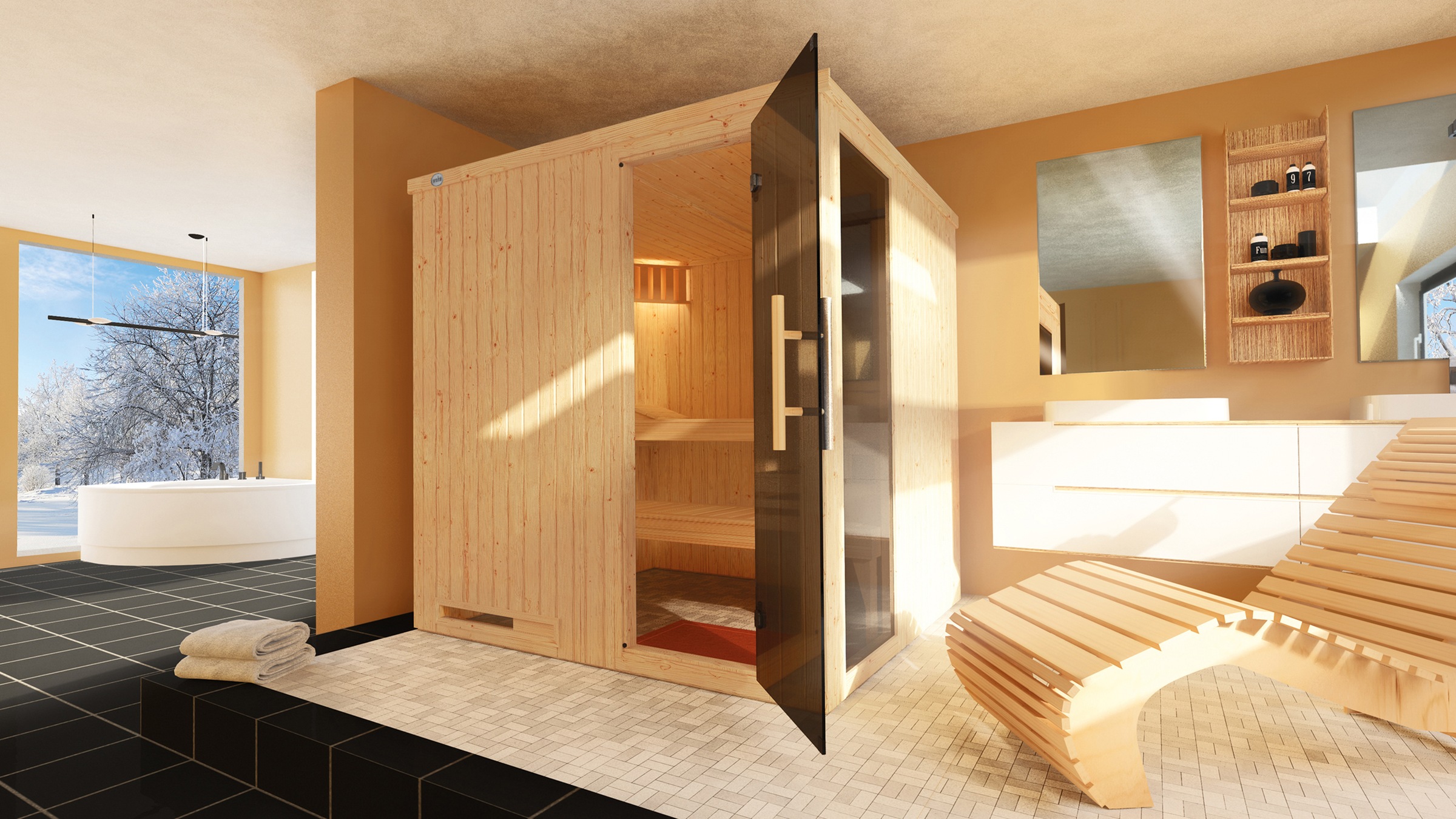 weka Sauna »Elementsauna HALMSTAD 2«, vorgefertigte Elemente, Fensterelement, moderne Ganzglastür