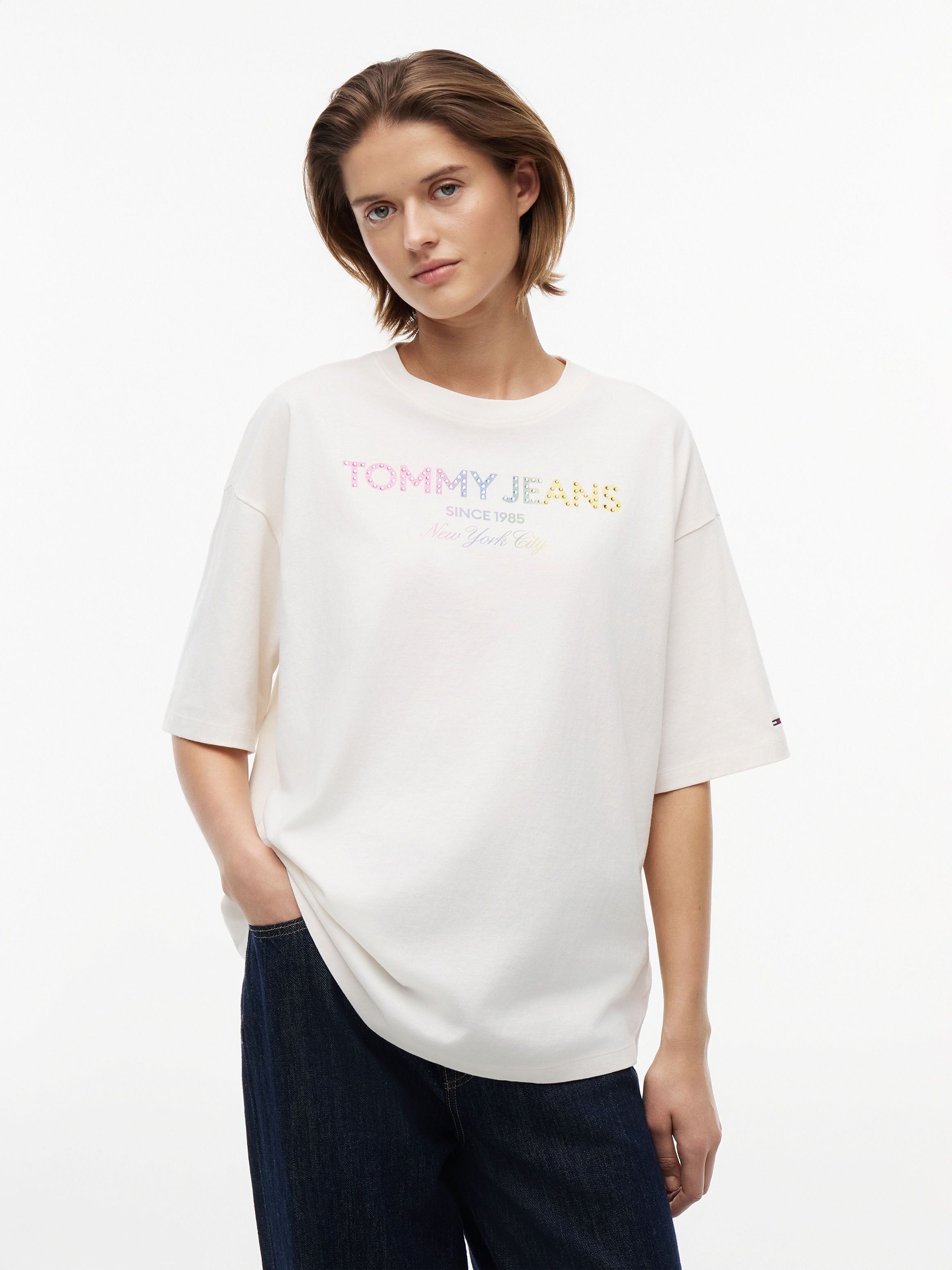 Tommy Jeans T-Shirt "TJW OVS TJ BLING GMD TEE" Baumwolle, Glitzerdetails, Logodruck