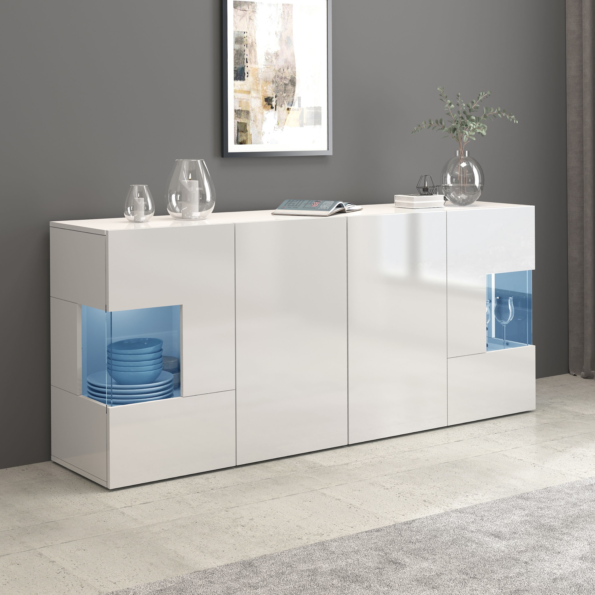INOSIGN Sideboard »Egypt, Kommode, Schrank, Kredenz, Vitrine grifflos«, 4 Türen davon 2 mit Glaseinsatz, kompl. Hochglanz lackiert, Breite 180