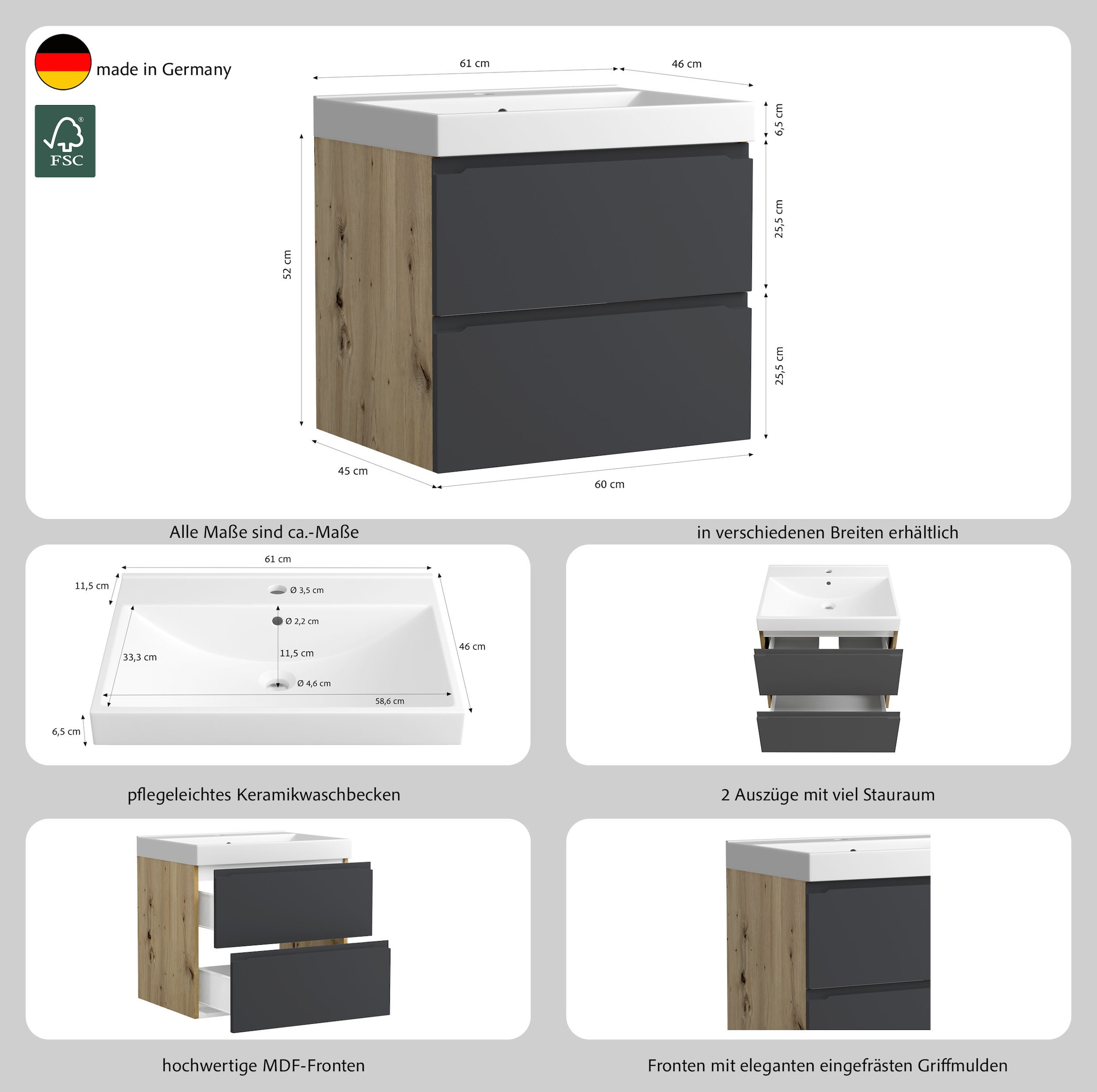 welltime Waschtisch »CABO, Waschtisch« matt grau, griffloses Design