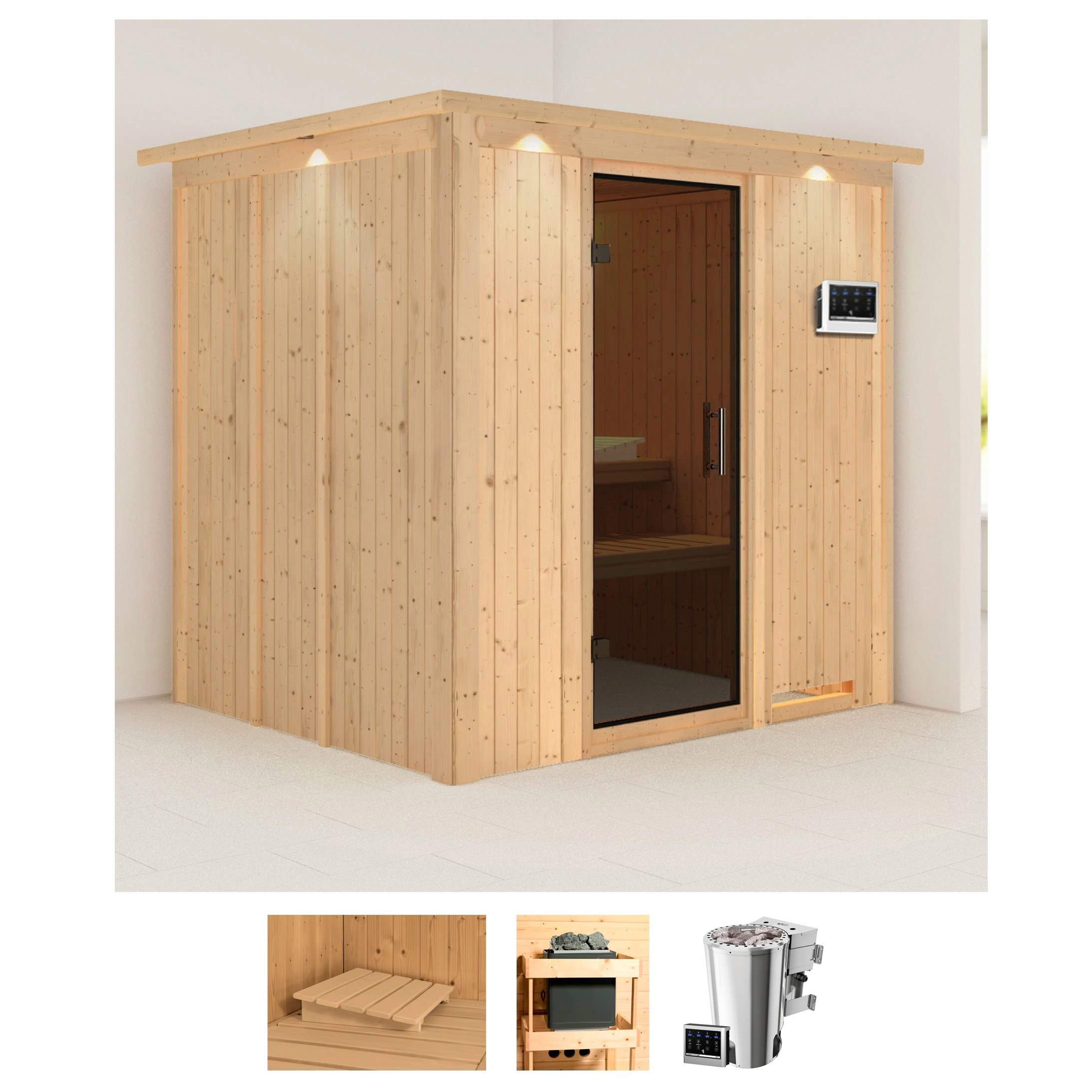 Karibu Sauna "Dima" Set, 3,6-kW-Bio-Plug & Play Ofen mit externer Steuerung