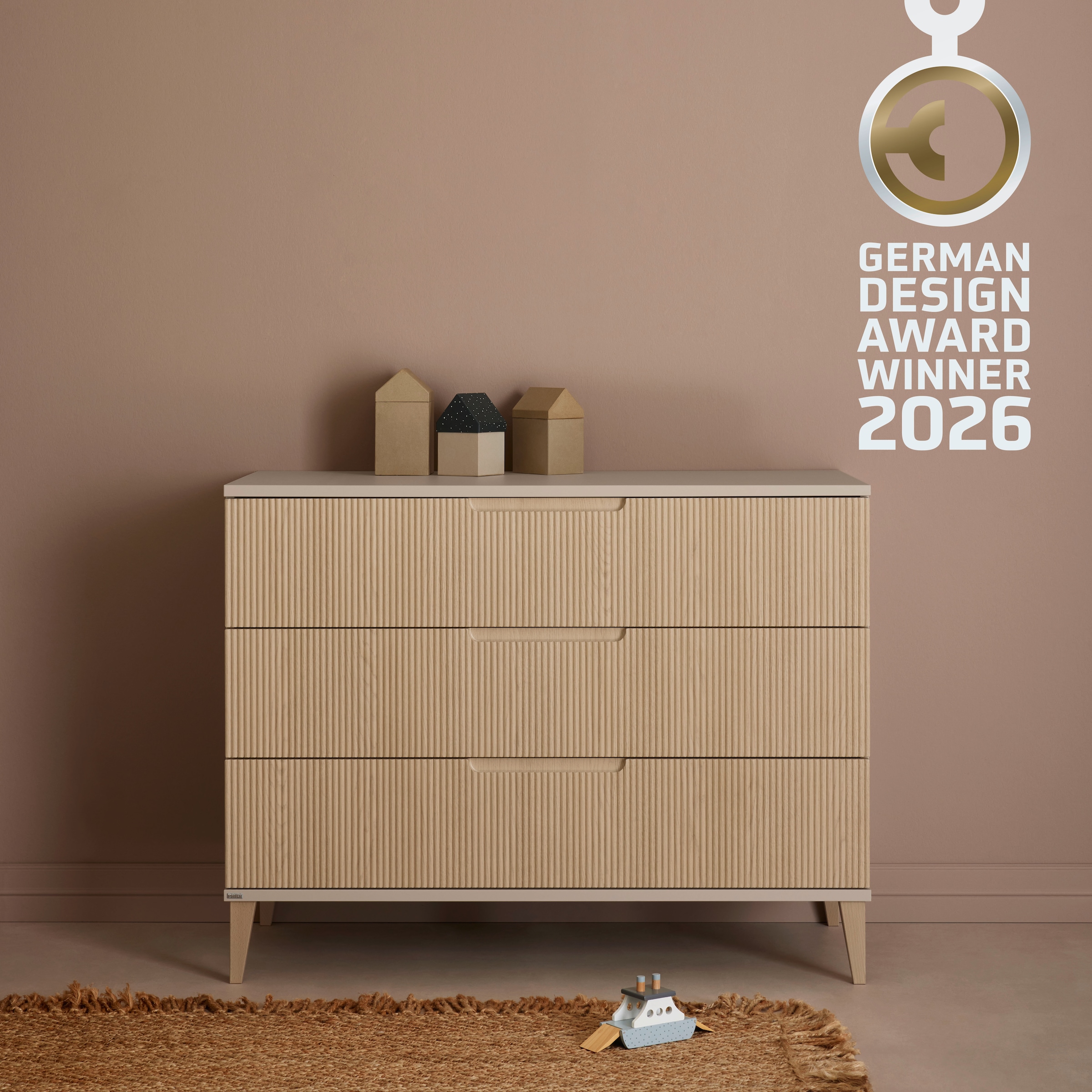 PAIDI Wickelkommode "JONTE in Beige & Eichefarben, 3 Schubladen mit Soft-Close, Vollauszug" bis 50 kg Kommode 124 cm Breite, Wickeltisch mit Massivholz-Füßen 124 cm