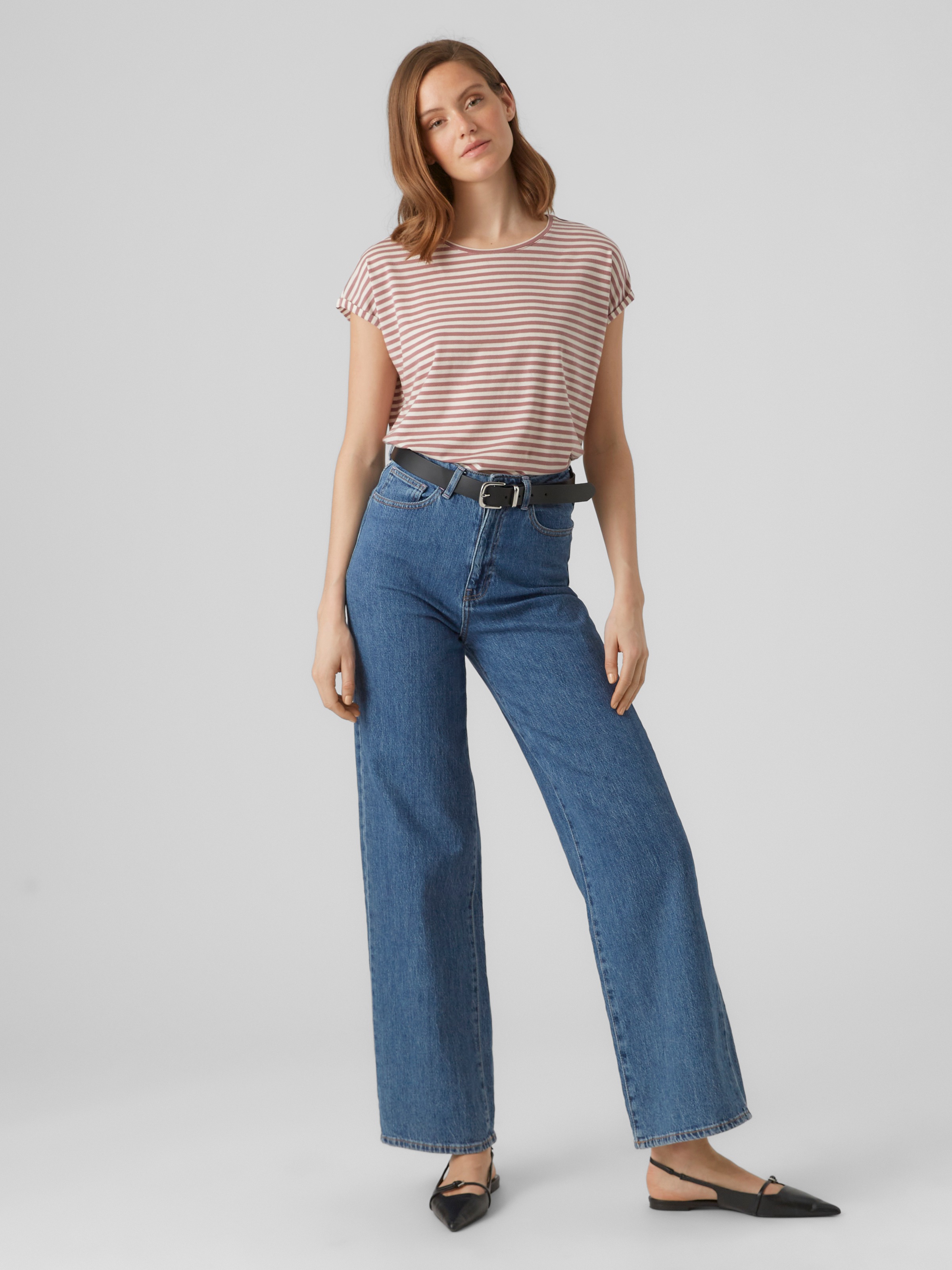 Thumbnail - Vero Moda Rundhalsshirt "VMAVA PLAIN SS TOP STRIPE GA JRS NOOS" Materialmix, regular fit