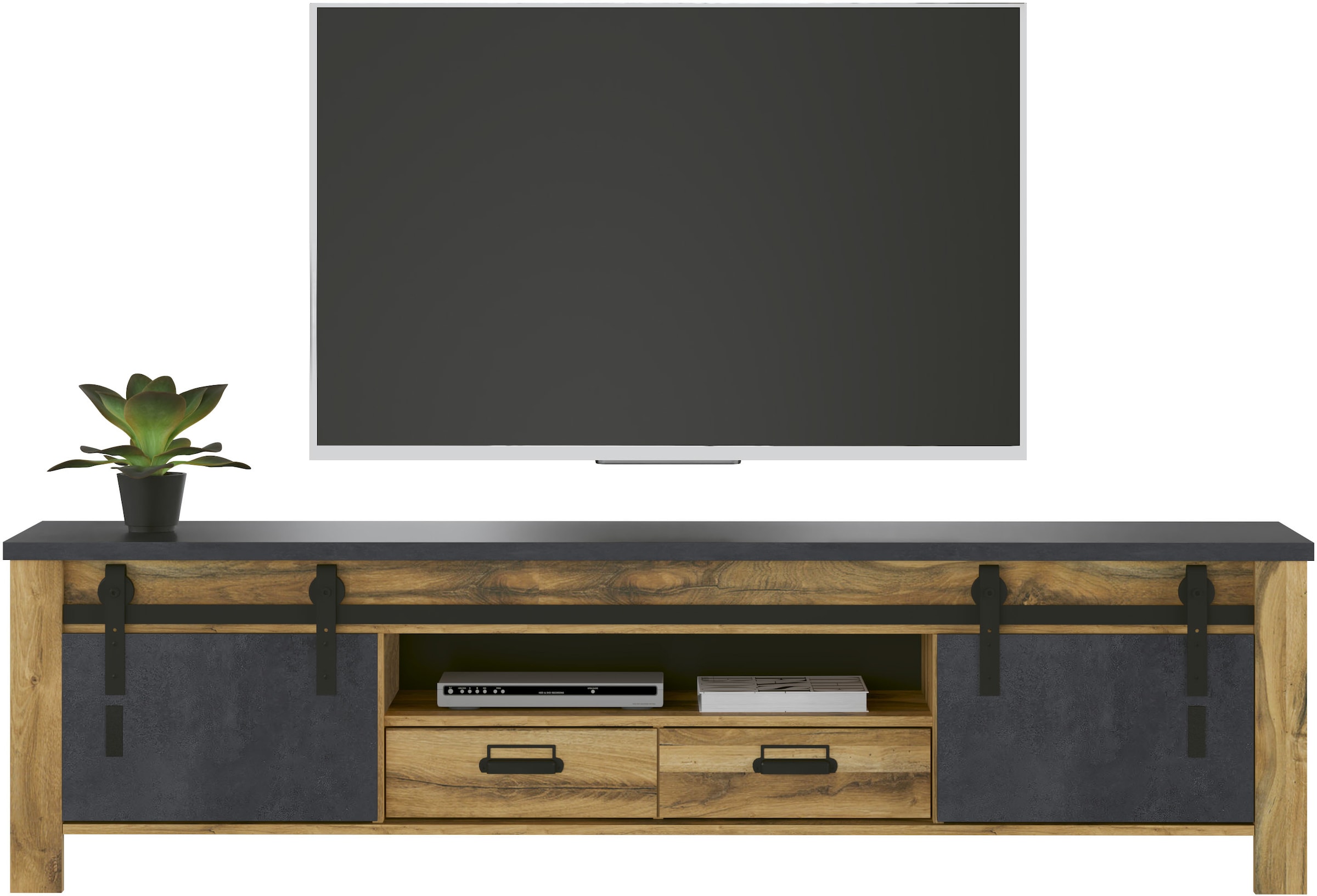 Home affaire TV-Schrank »York, moderner Unterschrank, Kommode im Industrialdesign«, mit Apothekergriffen & Scheunentorbeschlägen aus Metall, 201 cm breit
