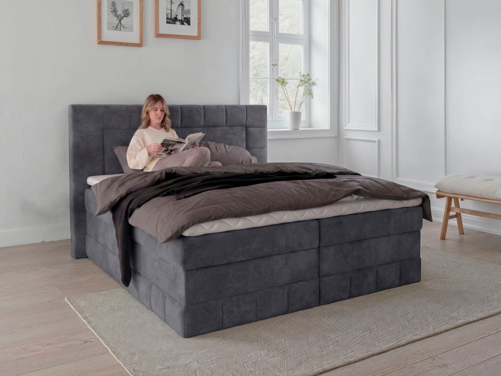 OTTO home Boxbett "PHILIPPA, Polsterbett mit Bettkasten, mit Taschenfederkernmatratze H3" mit Kaltschaum-Topper, Microfaser-Bezug, wahlweise mit LED-Beleuchtung