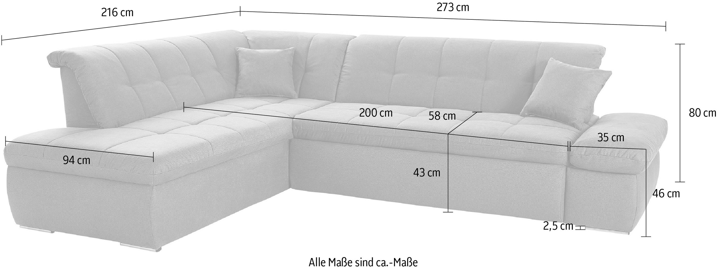 DOMO collection Ecksofa »NMoric incl. Zierkissen B/T/H: 273/216/80 cm L-Form«, Ottomanen-Abschluss, wahlweise mit Bettfunktion und Armlehnverstellung