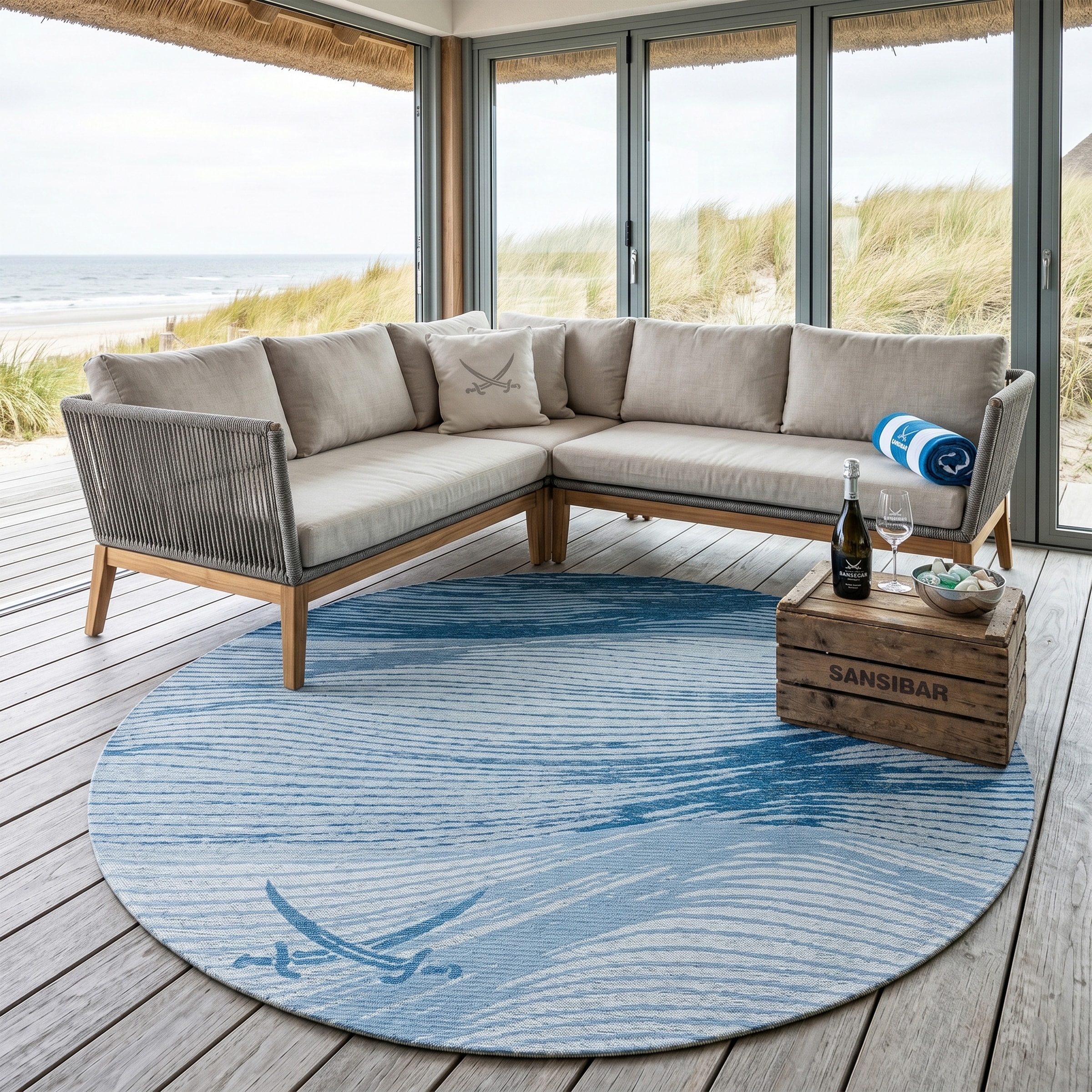Sansibar Teppich "Keitum 007" rund 3 mm Höhe Flachgewebe, modernes Wellen Design & gekreuzte Säbel