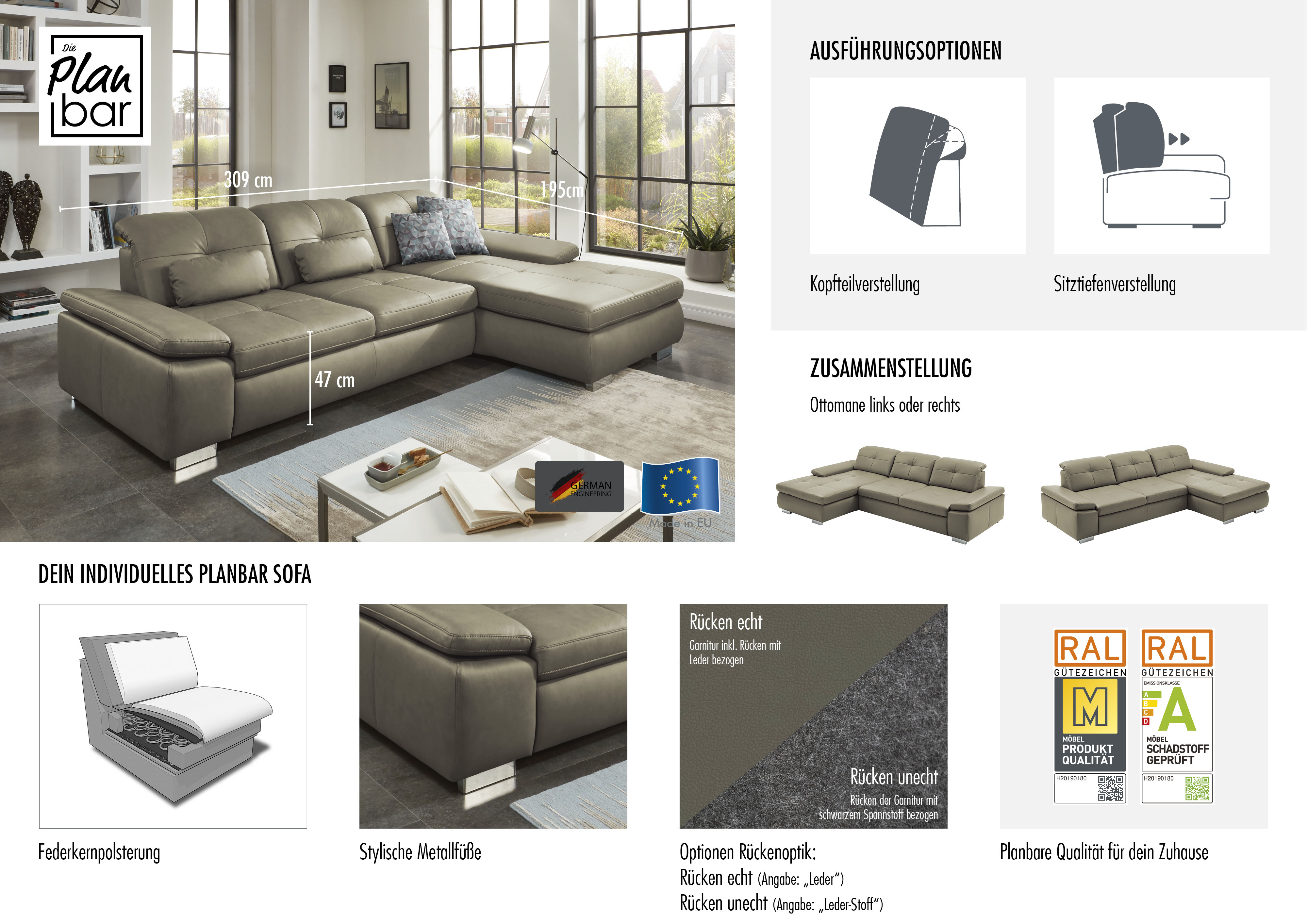 Thumbnail - Die PlanBar Ecksofa "PN-IN16012 L-Form, Breite 309 cm" inkl. Sitztiefenverstellung, optional mit Kopfteilverstellung