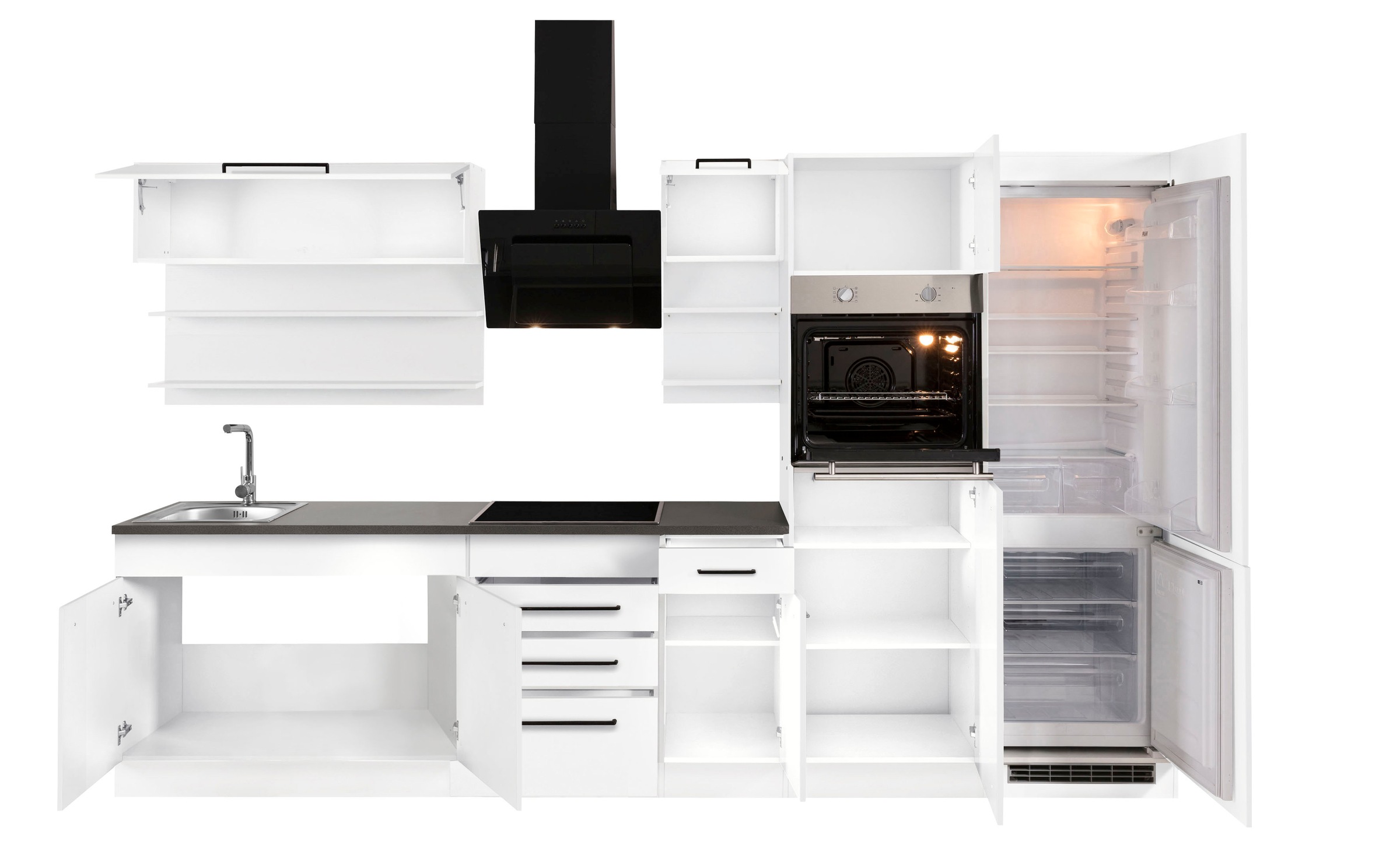 KOCHSTATION Küchenzeile »KS-Tulsa«, mit E-Geräten, Breite 330 cm, schwarze Metallgriffe, MDF Fronten