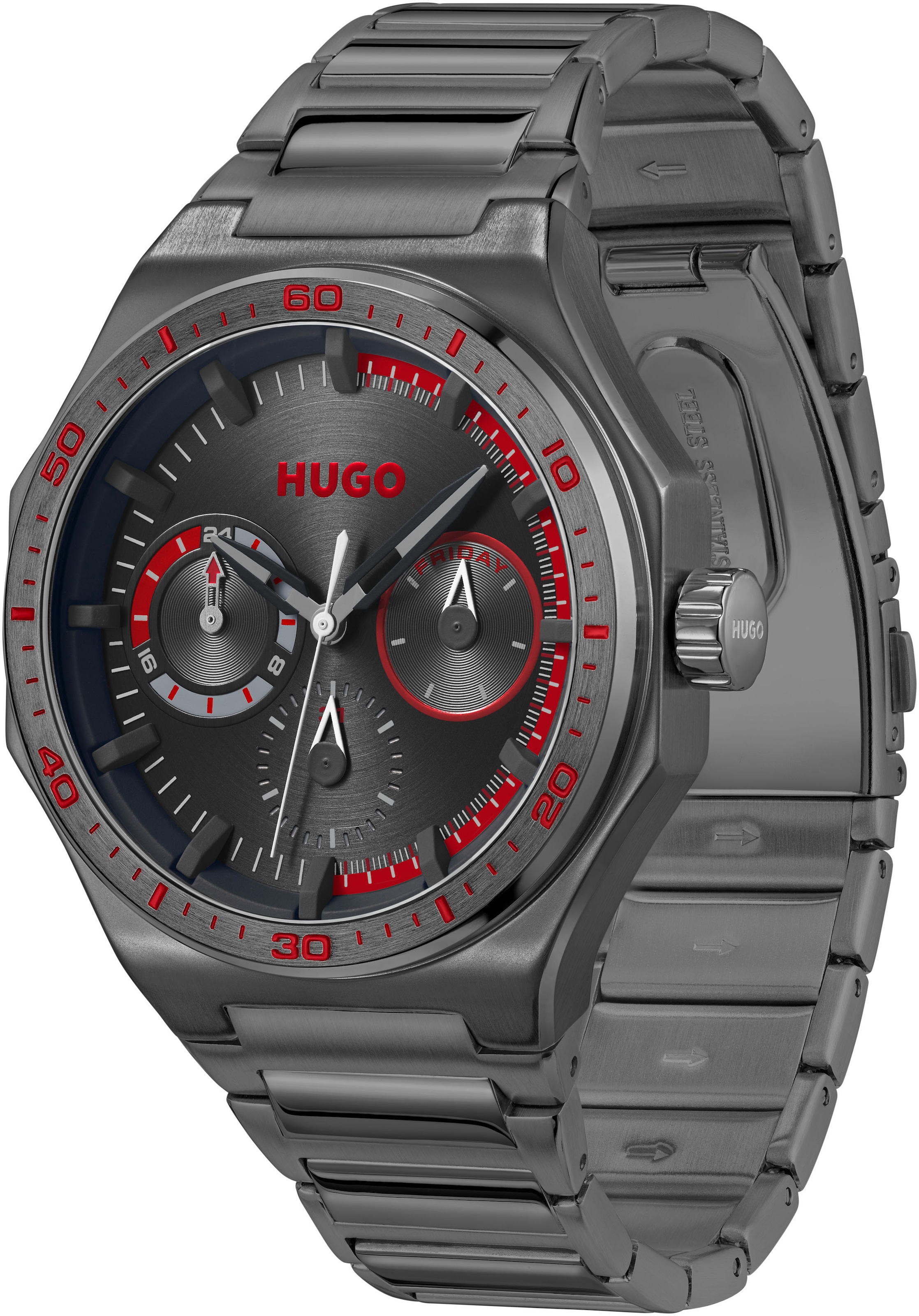 HUGO Multifunktionsuhr »#GRAIL SPORT«, Quarzuhr, Armbanduhr, Herrenuhr, Edelstahlarmband, analog