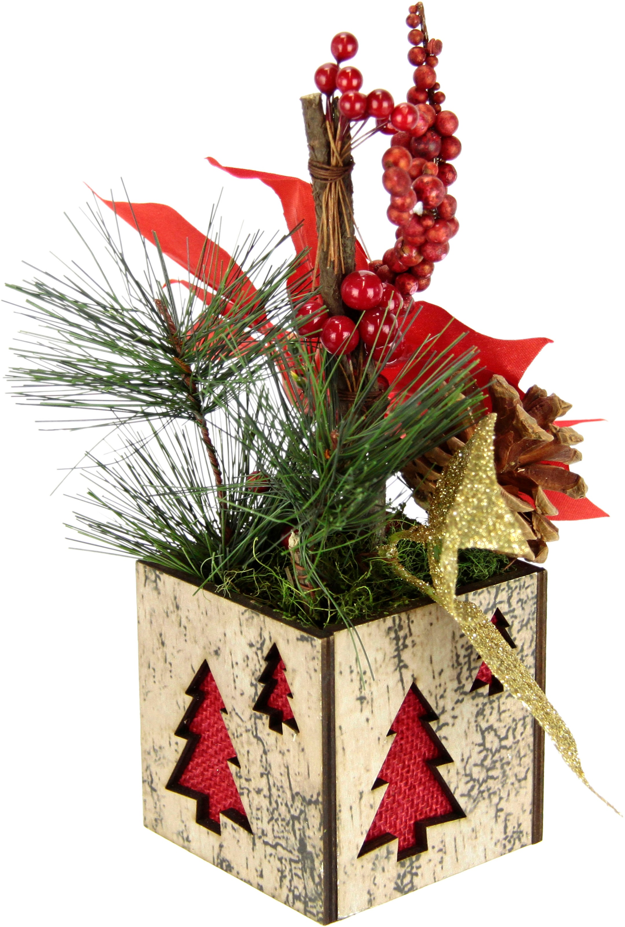 I.GE.A. Winterliche Kunstpflanze »Gesteck mit Poinsettia im Topf, Weihnachtsstern, Weihnachtsdeko,«, Kunstblumen-Gesteck mit Beeren, Zapfen und Tannenzweigen