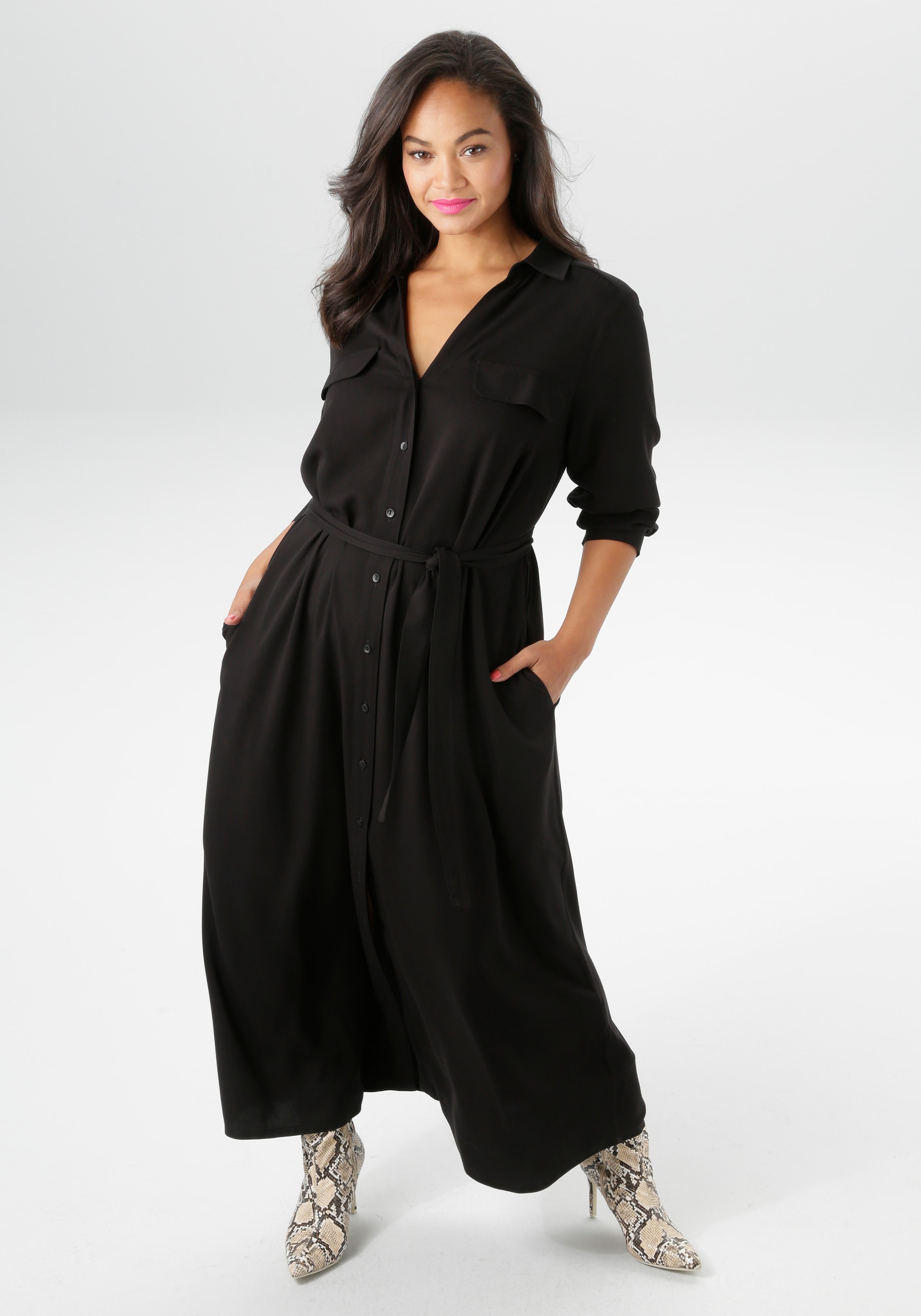 Aniston PLUS Blusenkleid Pattentaschen durchgeknöpftes Kleid aus weich fall günstig online kaufen