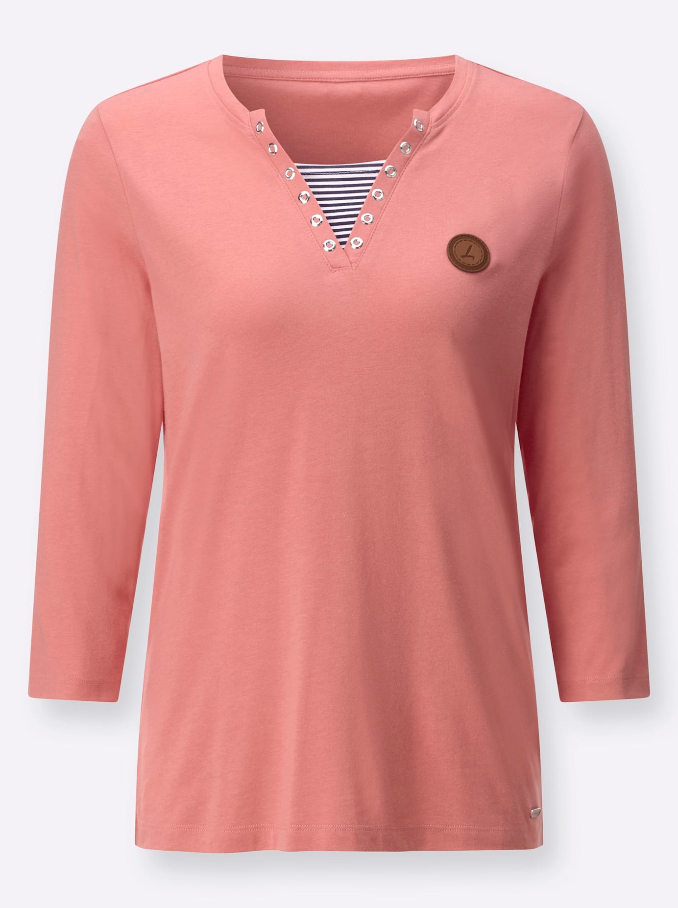 3/4-Arm-Shirt CASUAL LOOKS "Shirt", Damen, Gr. 50, flamingo, 50% Baumwolle, 50% Modal, gemustert, unifarben, V-Ausschnitt, Shirts 3/4-Arm-Shirt 3