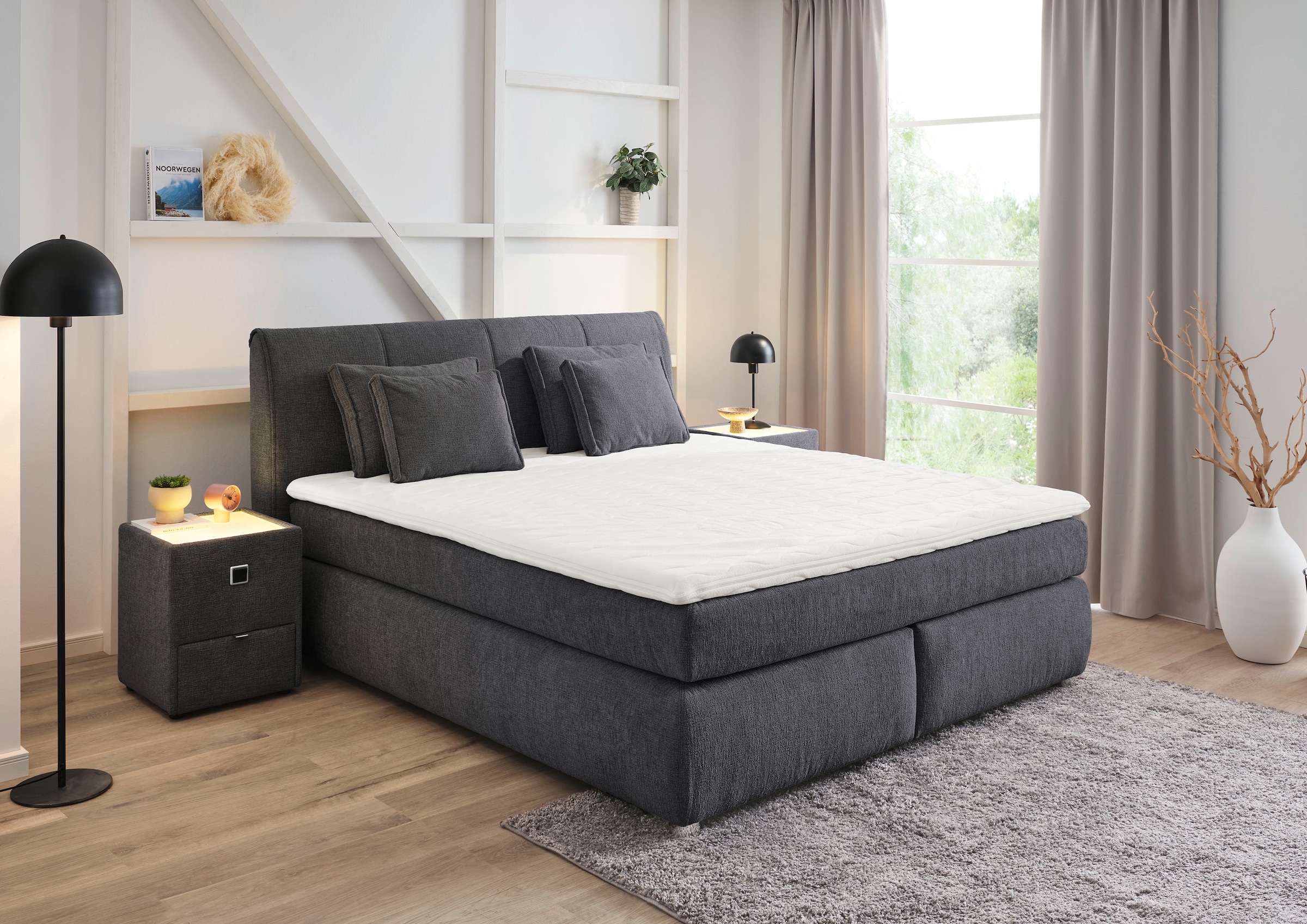 Jockenhöfer Gruppe Boxspringbett "CARLA, wahlweise mit Bettkasten, Inkl. Topper & 4 Kissen" mit Chenille bezogen, 160x200cm oder 180x200
