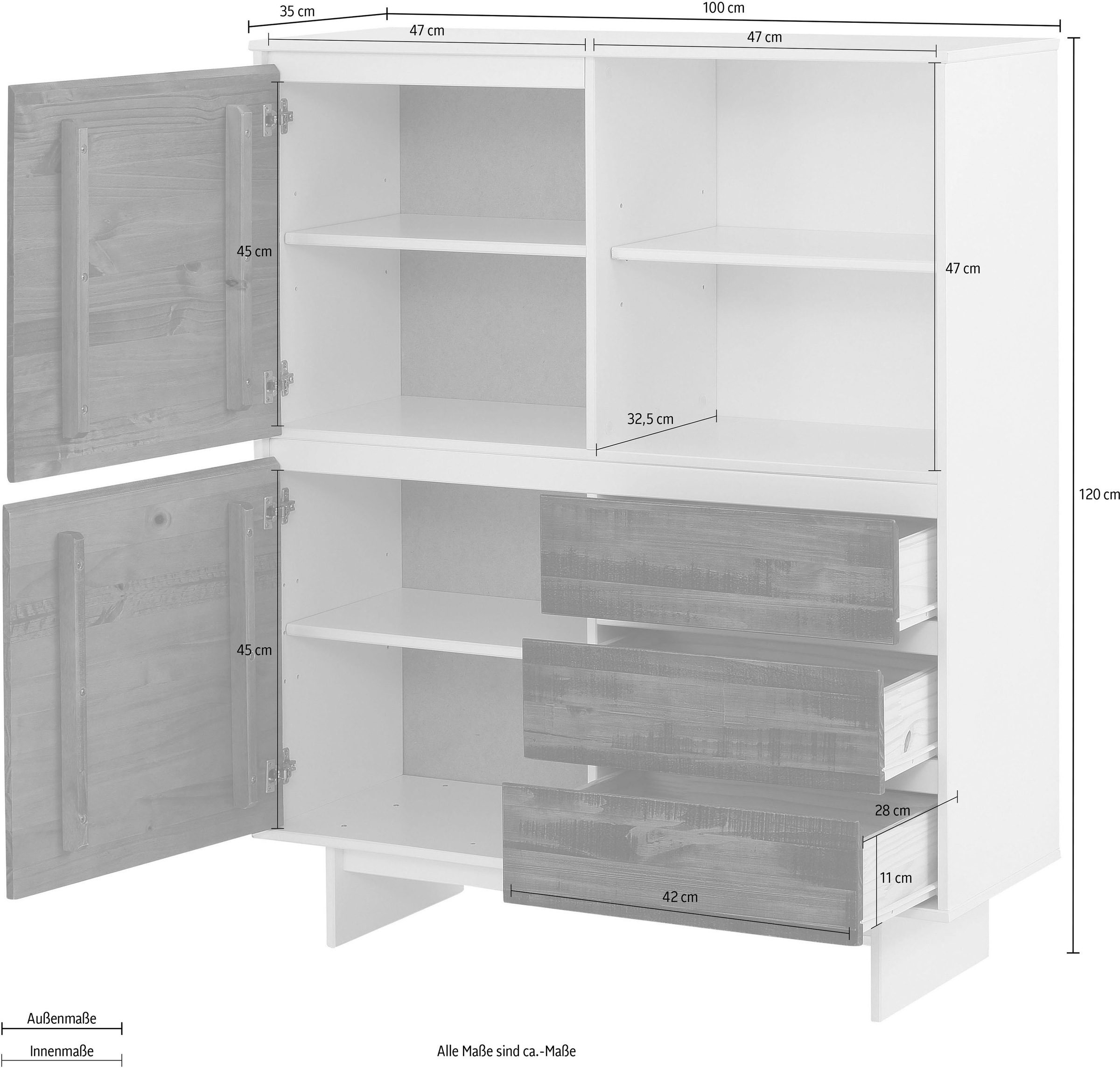 Home affaire Highboard »Morgan Midischrank«, Kommode aus massivem Kiefernholz, eingefräste Griffmulden, Höhe 120 cm