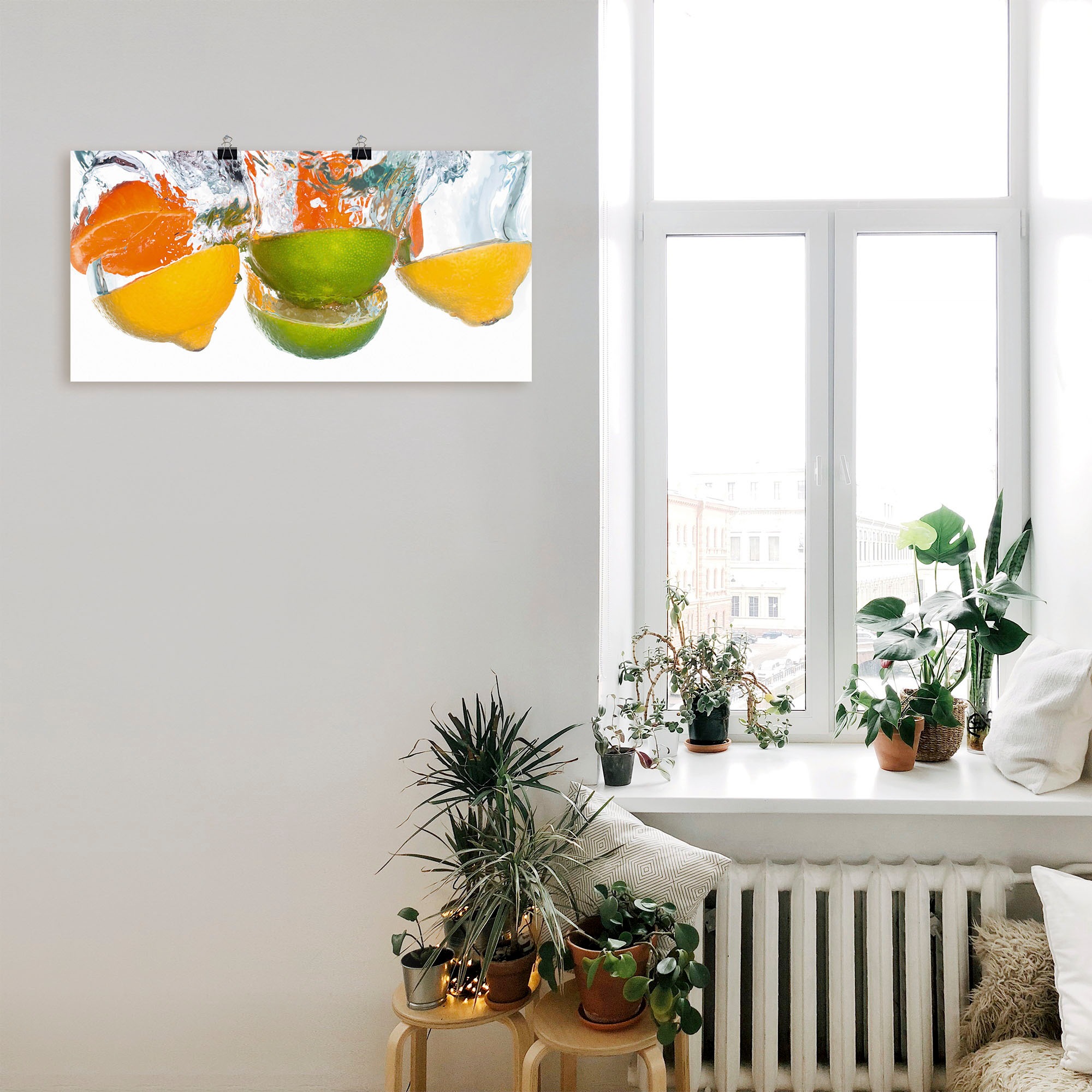 Artland Wandbild "Zitrusfrüchte fallen in klares Wasser", Lebensmittel, (1 günstig online kaufen