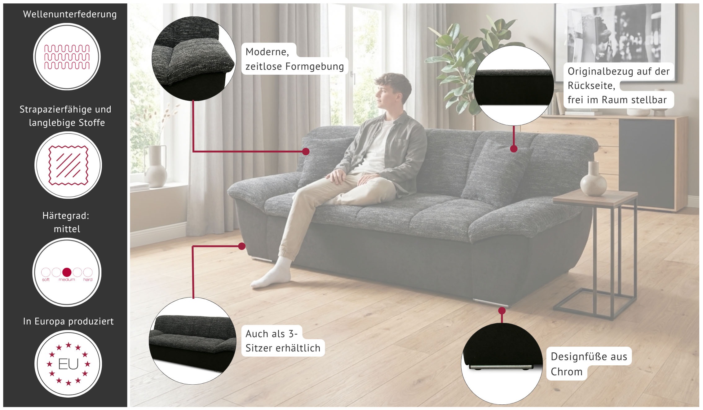 OTTO home 2-Sitzer »Saltum 211 cm breit, formschön, komfortabel« mit Ziernähen in Rücken und im Sitz, pflegeleichter Bezug