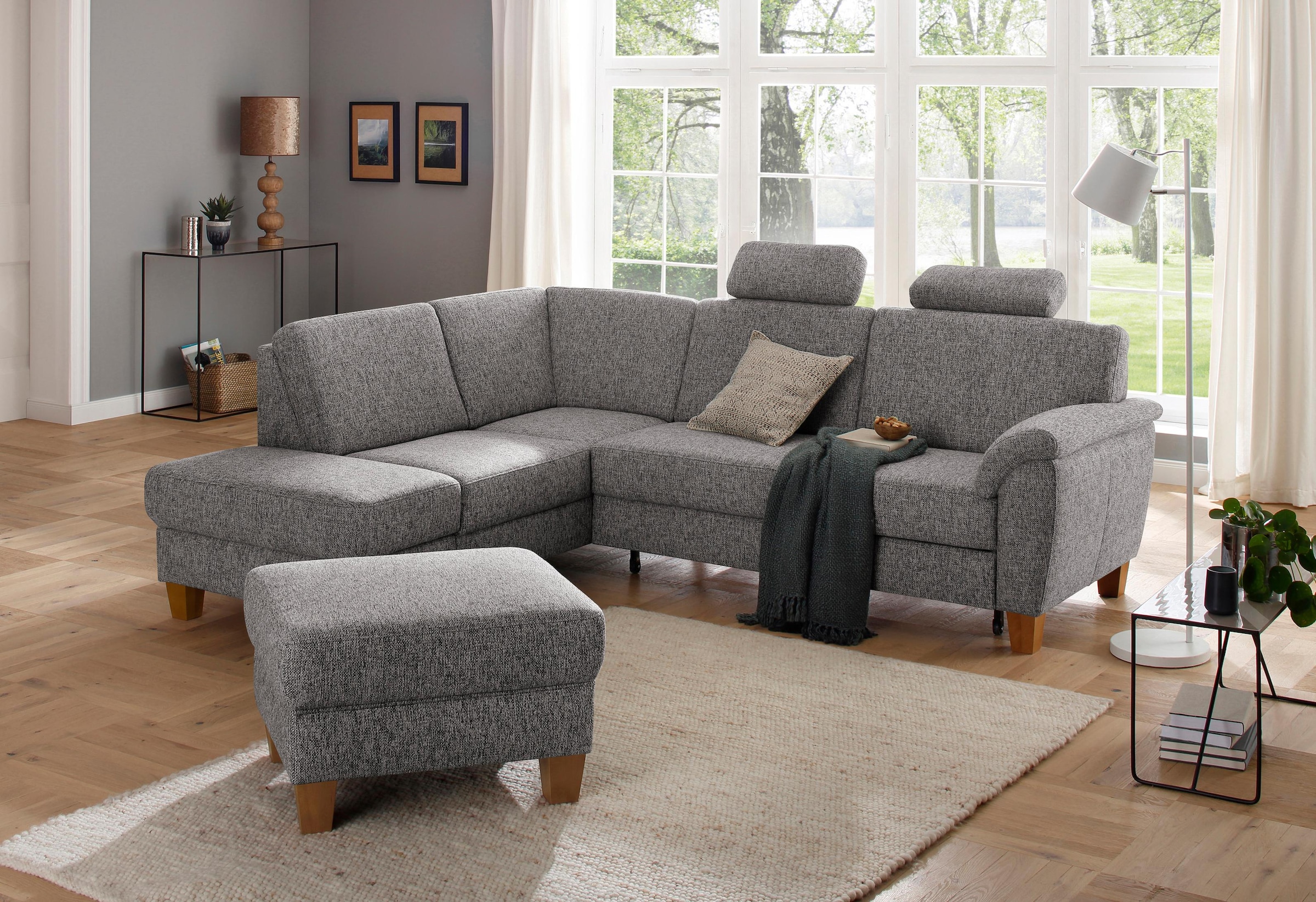 OTTO home Ecksofa "Alta L-Form" mit Federkern und Kontrastnaht, Füße Buche eichefarben