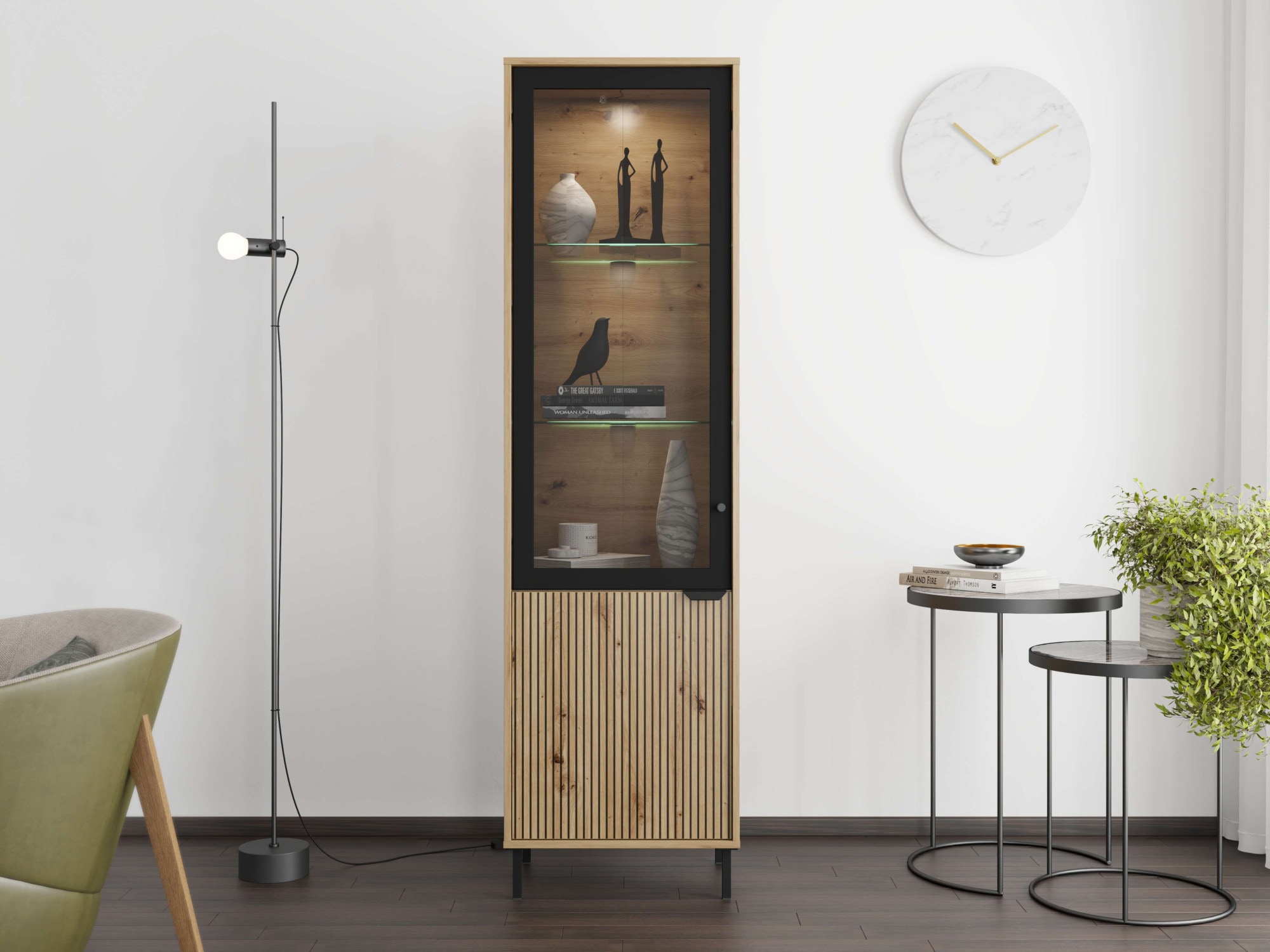 Home affaire Vitrine »Mayenne Vitrinenschrank, Standvitrine, Showcase, B/H: 54,5/195 cm«, Holztür mit Rillen-Optik, Glastür, Modernes Design
