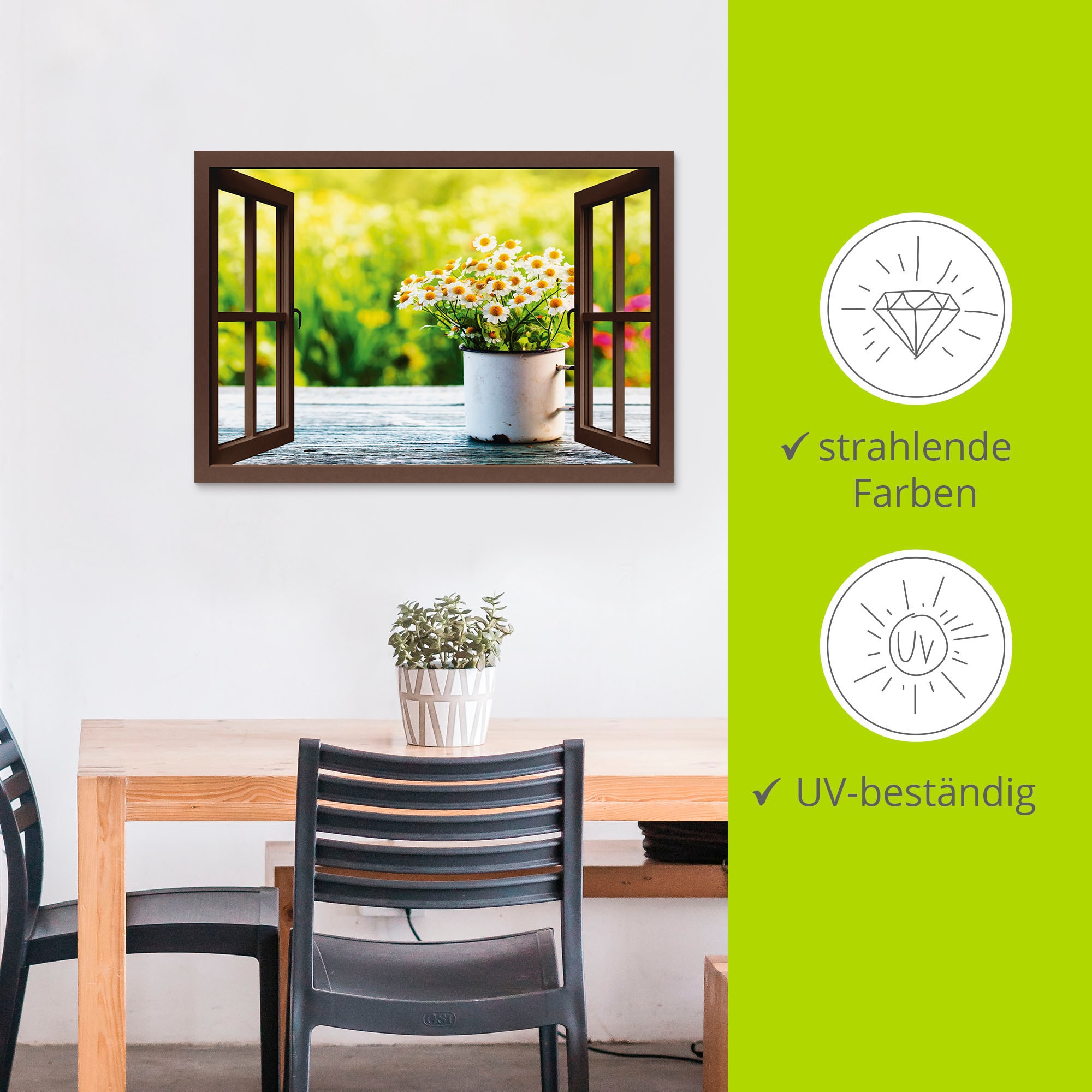 Artland »Fensterblick Garten mit Gänseblümchen« Blumen 1 Stk. tlg. für Innen- und Außenbereich geeignet, Outdoorbild