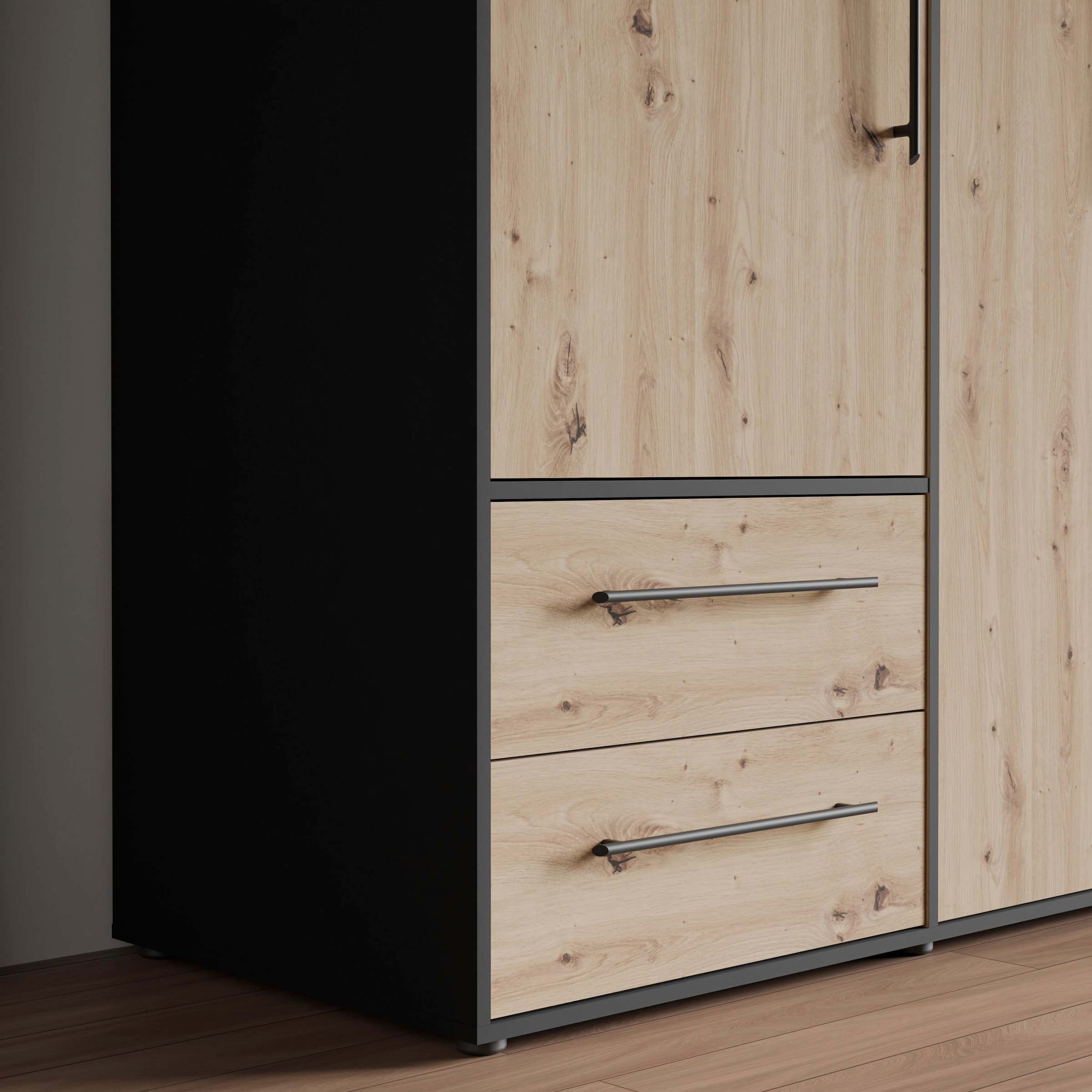 FORTE Drehtürenschrank »Mokkaris, TOPSELLER! 3 oder 4 Türen, zeitloses Design«, (BHT ca. 145x200x59cm oder BHT ca. 206x200x59cm), Schubladen + schwarze Stangengriffe, Made in Europe, viel Stauraum