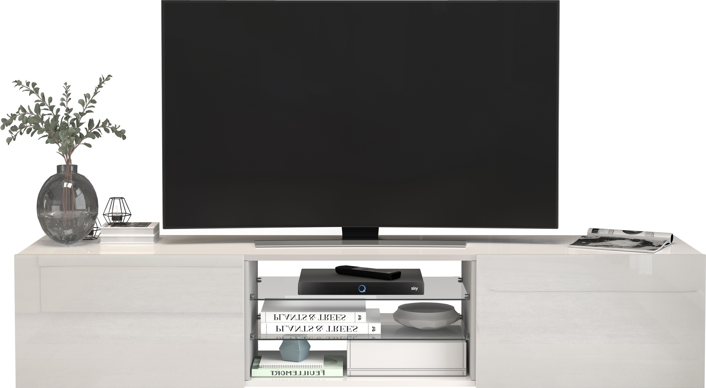 INOSIGN Lowboard »Egypt,Lowboard,TV-Kommode,TV-Möbel,TV-Bank«, mit 2 Klappen, 2 Glasböden,kompl. Hochgl. lackiert (B/T/H)180x38x35 cm