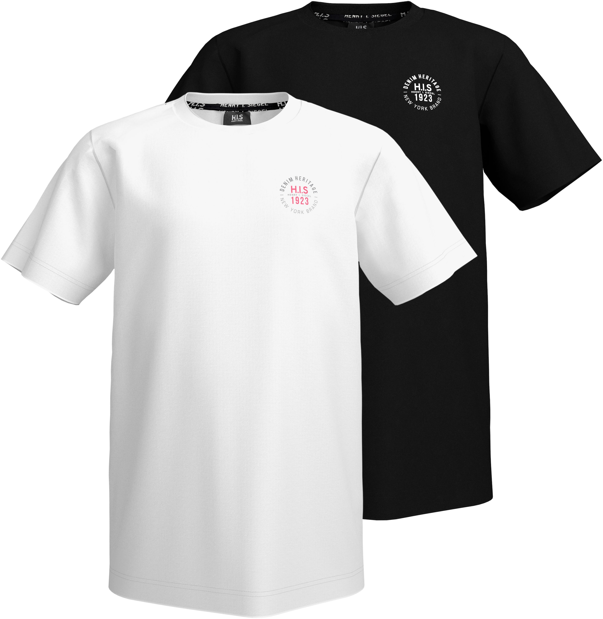 T-Shirt H.I.S "2er Pack Shirt mit Logoprint für Jungen", Jungen, Gr. 128/134, schwarz (schwarz, weiß), Single Jersey, Obermaterial: 100% Baumwolle, unifarben, Basic hüftlang, Rundhals, Shirts T-Shirt, Für TEENS. 2er Pack T-Shirts