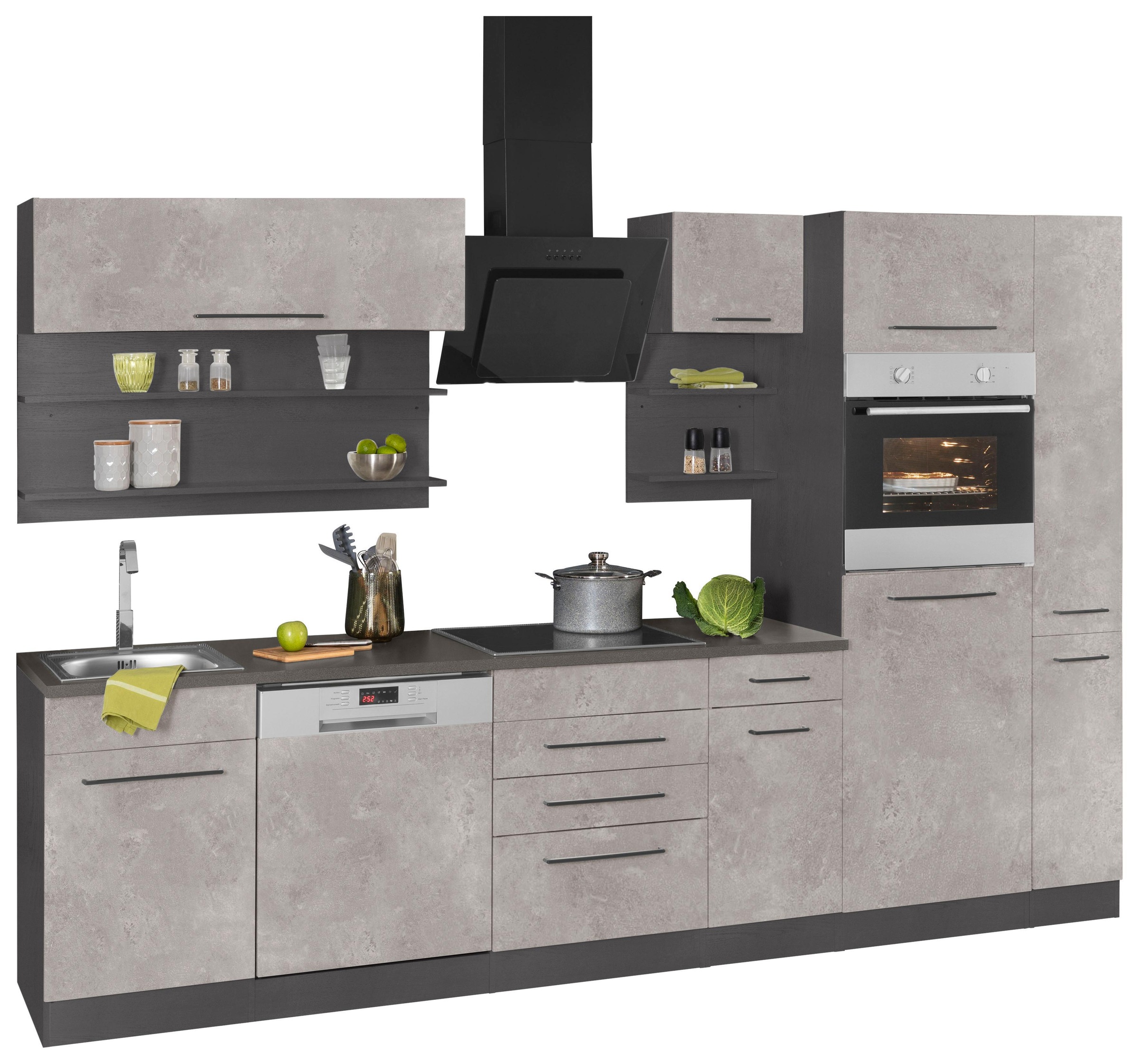 KOCHSTATION Küchenzeile »KS-Tulsa«, ohne E-Geräte, Breite 300 cm, schwarze Metallgriffe, MDF Fronten