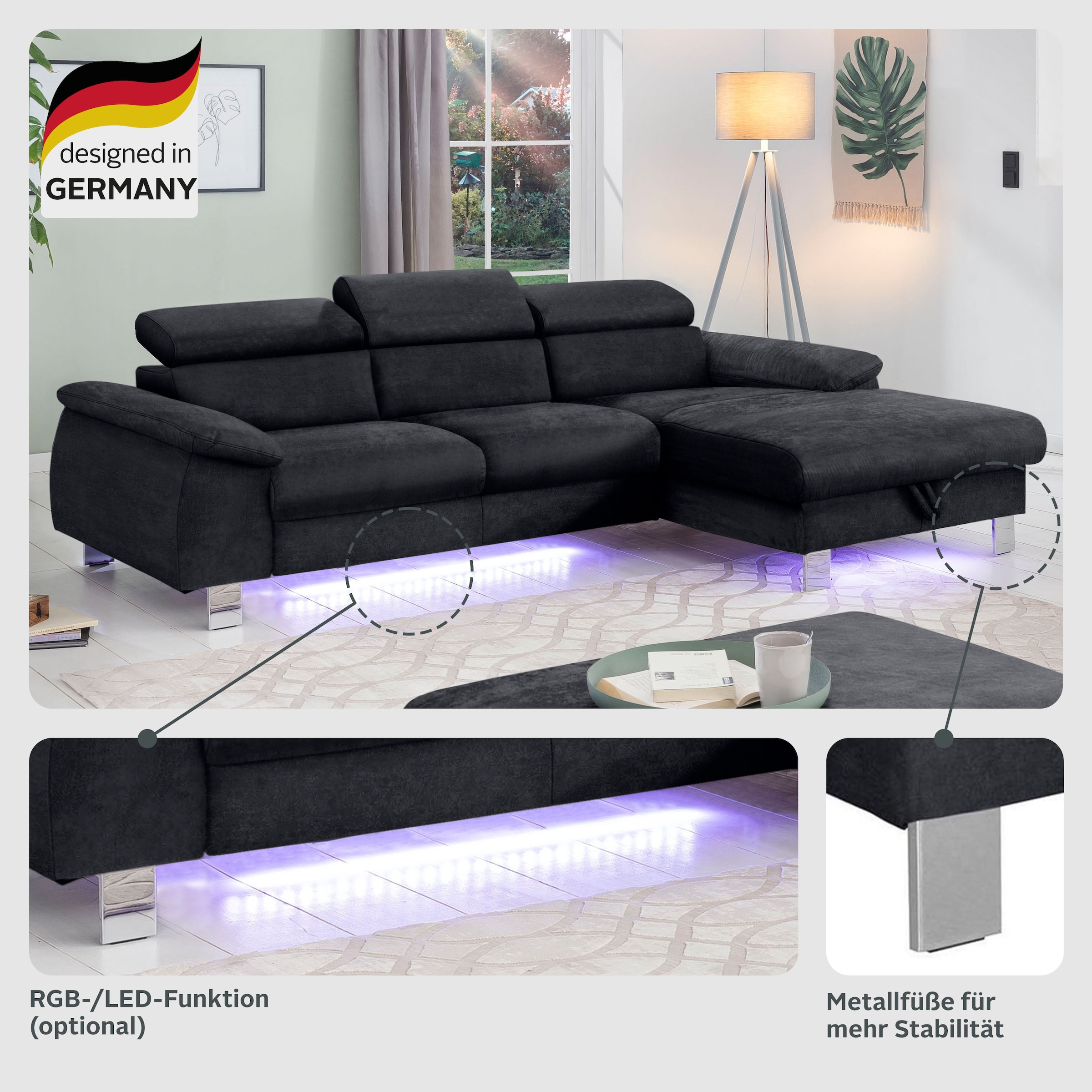 COTTA Ecksofa »Komaris L-Form, B: 244 cm« mit Kopfteilverstellung, optional Schlaffunktion, Bettkasten & Licht