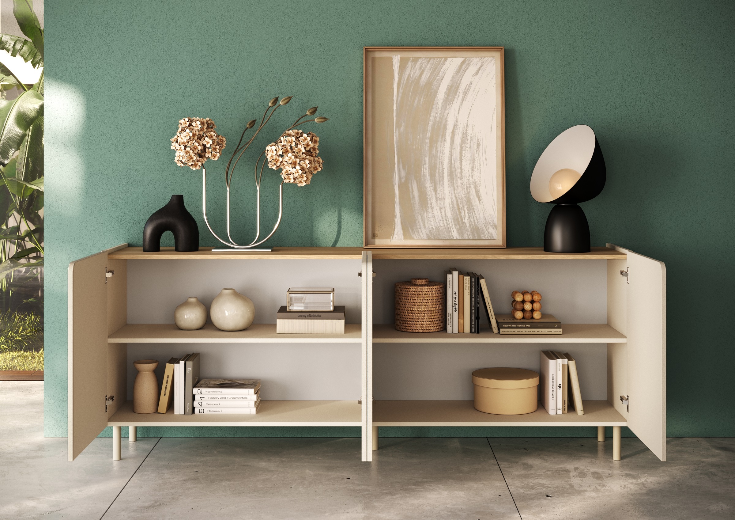 OTTO home Sideboard »Dobbiaco, 202 cm breit, 4 Türen, Anrichte, Kommode, Stauraumschrank« Innenliegendes Top, gerade Metallfüße, Tür mit Rundung