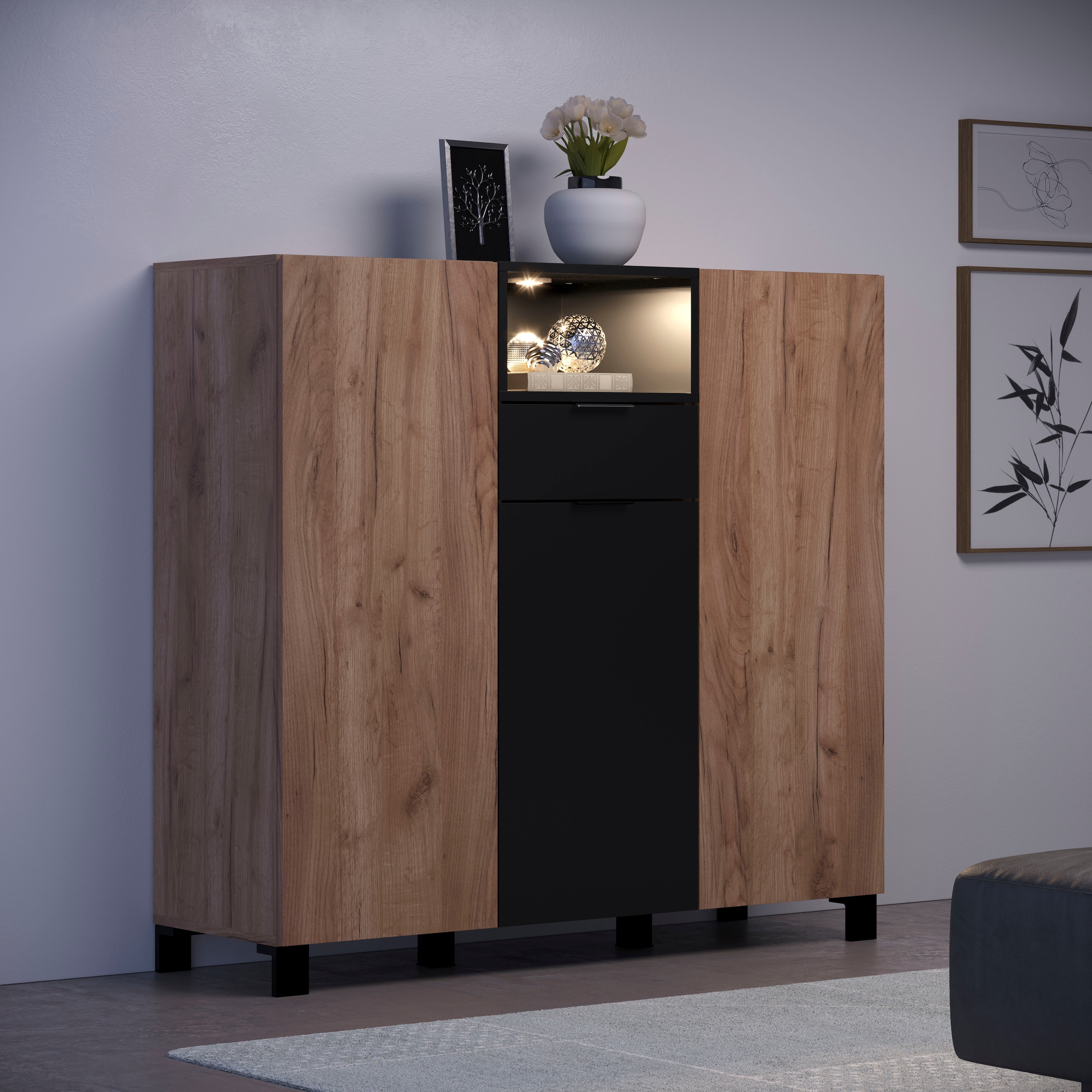 INOSIGN Highboard »Kriens«, Hochschrank Eiche, hellbraun / schwarz matt, Breite 125cm, Höhe 117cm