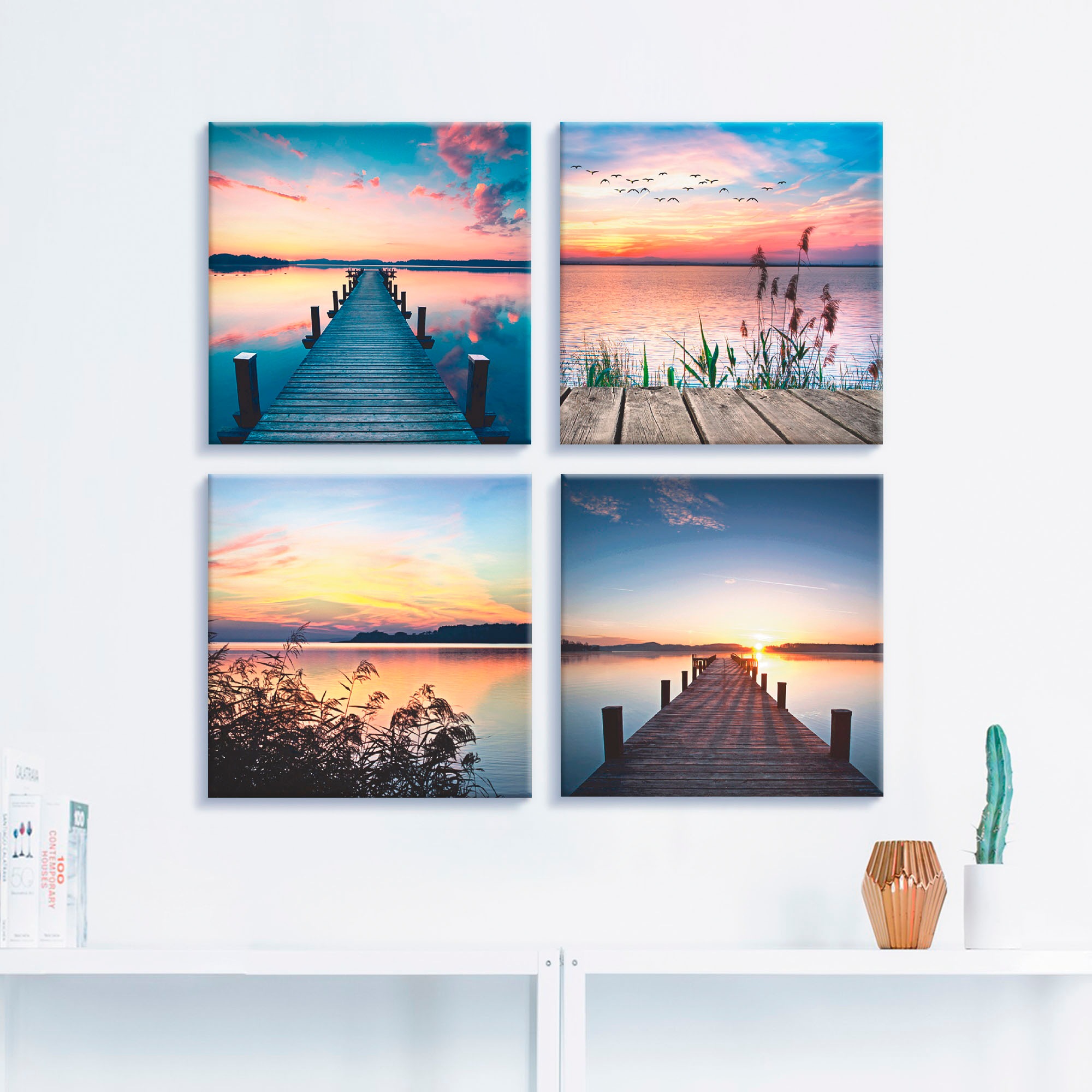 Artland Leinwandbild "Pier See Abendrot Schilf Sonnenstrahlen" Gewässer 4 S günstig online kaufen