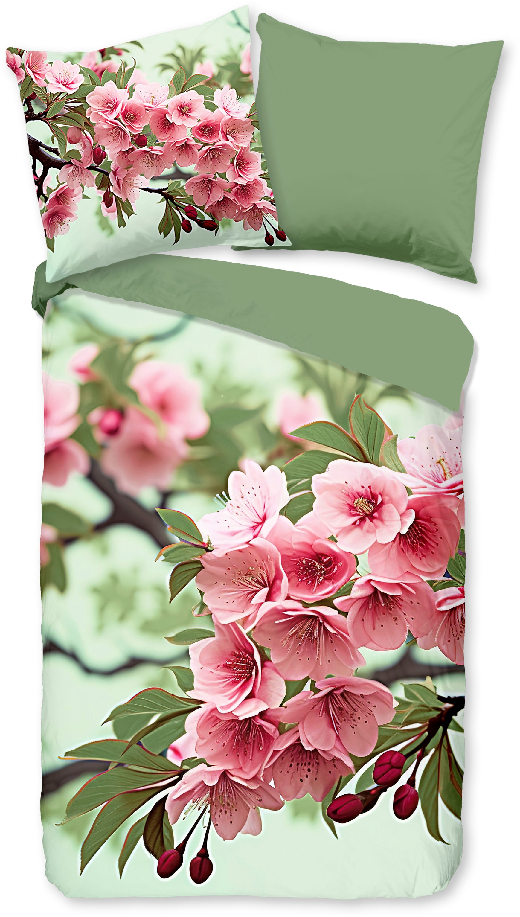 good morning Wendebettwäsche "Lotti" 2 Stk. 100% Baumwolle, Renforcé, Reißverschluss, Wendeoptik, Blumen, grün