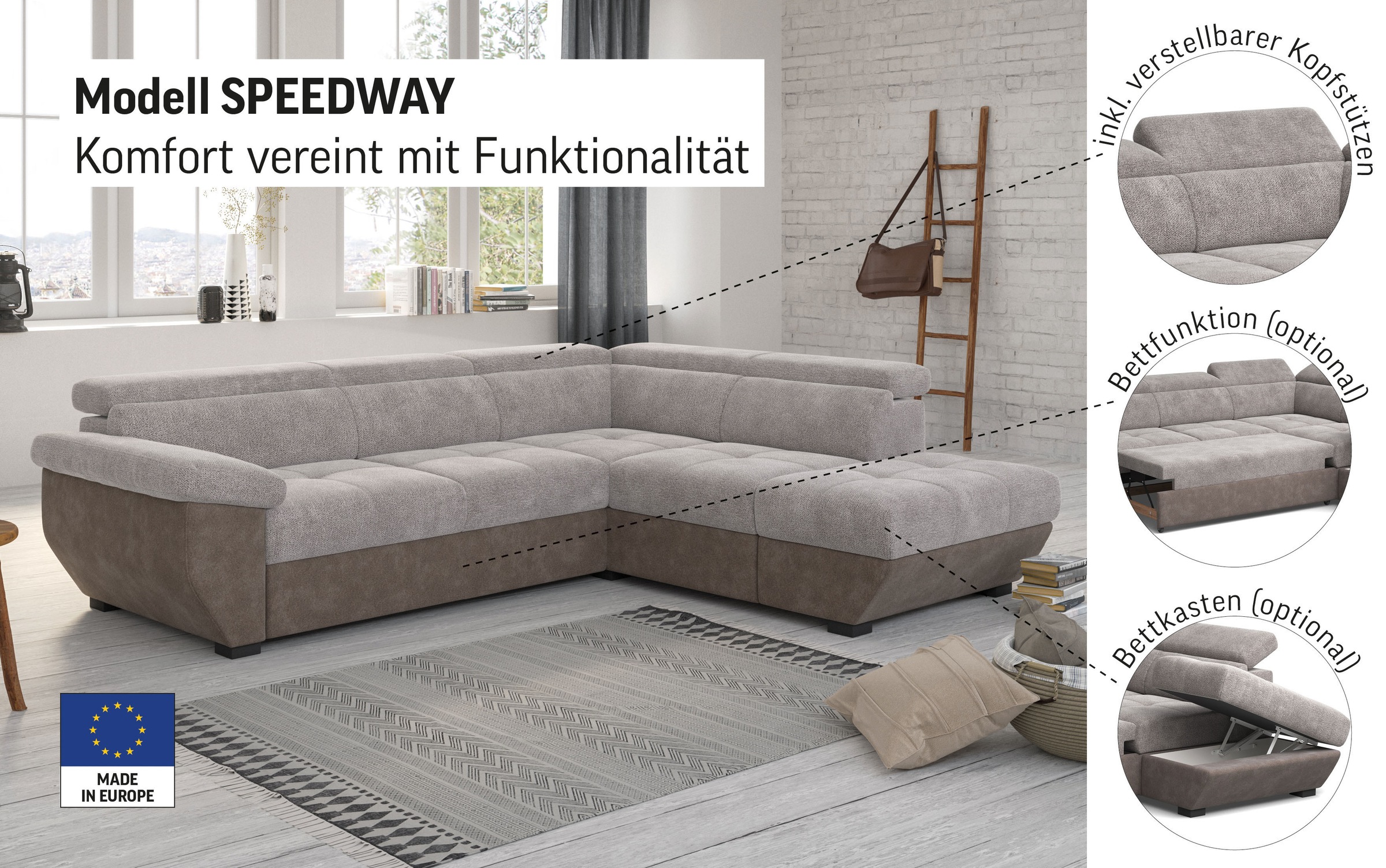 Thumbnail - COTTA "Speedway L-Form" mit Kopfteilverstellung, wahlweise mit Bettfunktion & Bettkasten