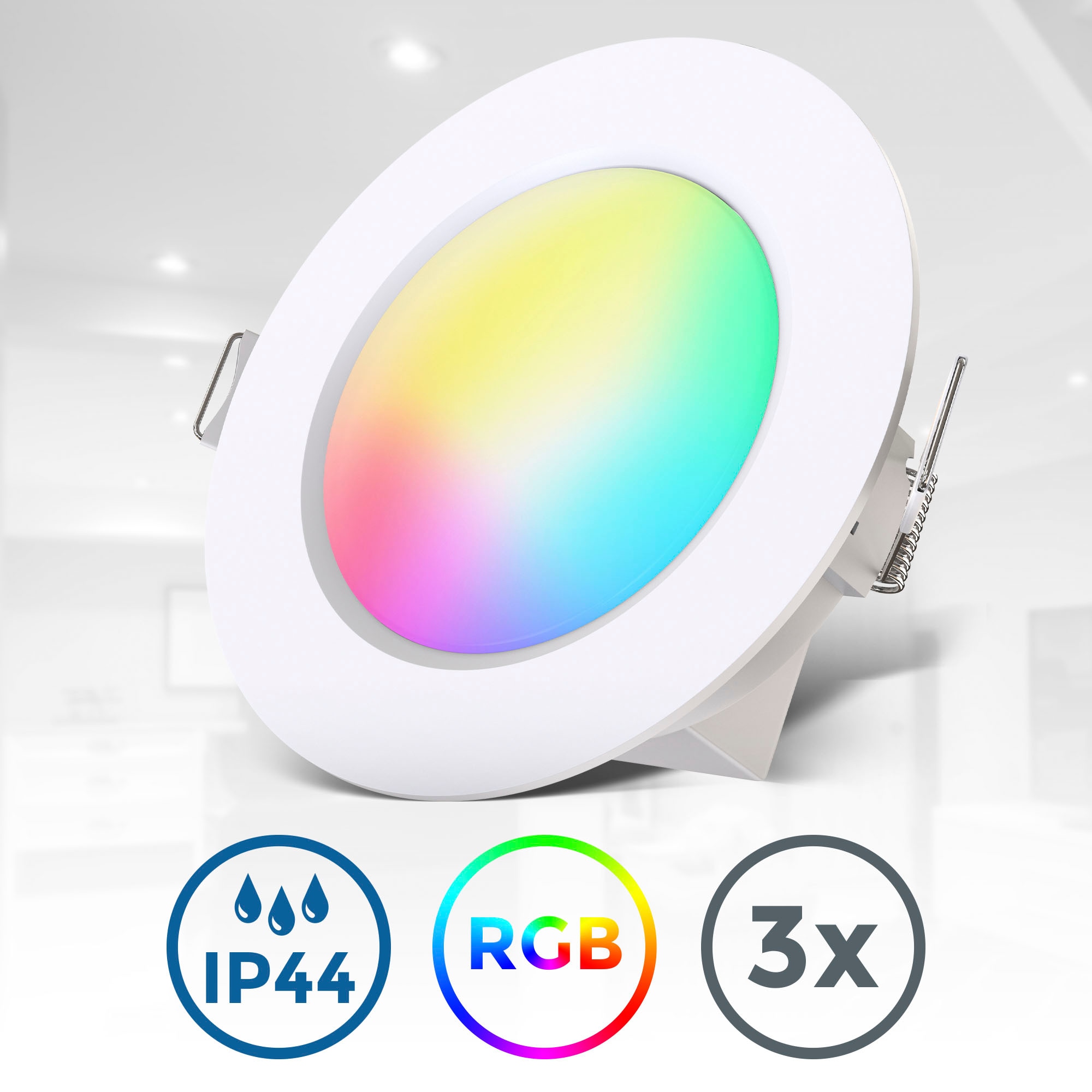 B.K.Licht Einbauleuchte »BK_EL1542 3er-Set RGB-LED Badeinbaustrahler, IP44, 3.000K, Ø9,2cm«, 3 flammig, Leuchtmittel LED-Modul | LED fest integriert, 4,8W, 450lm, RGBW, Lichteffekte, Dimmbar