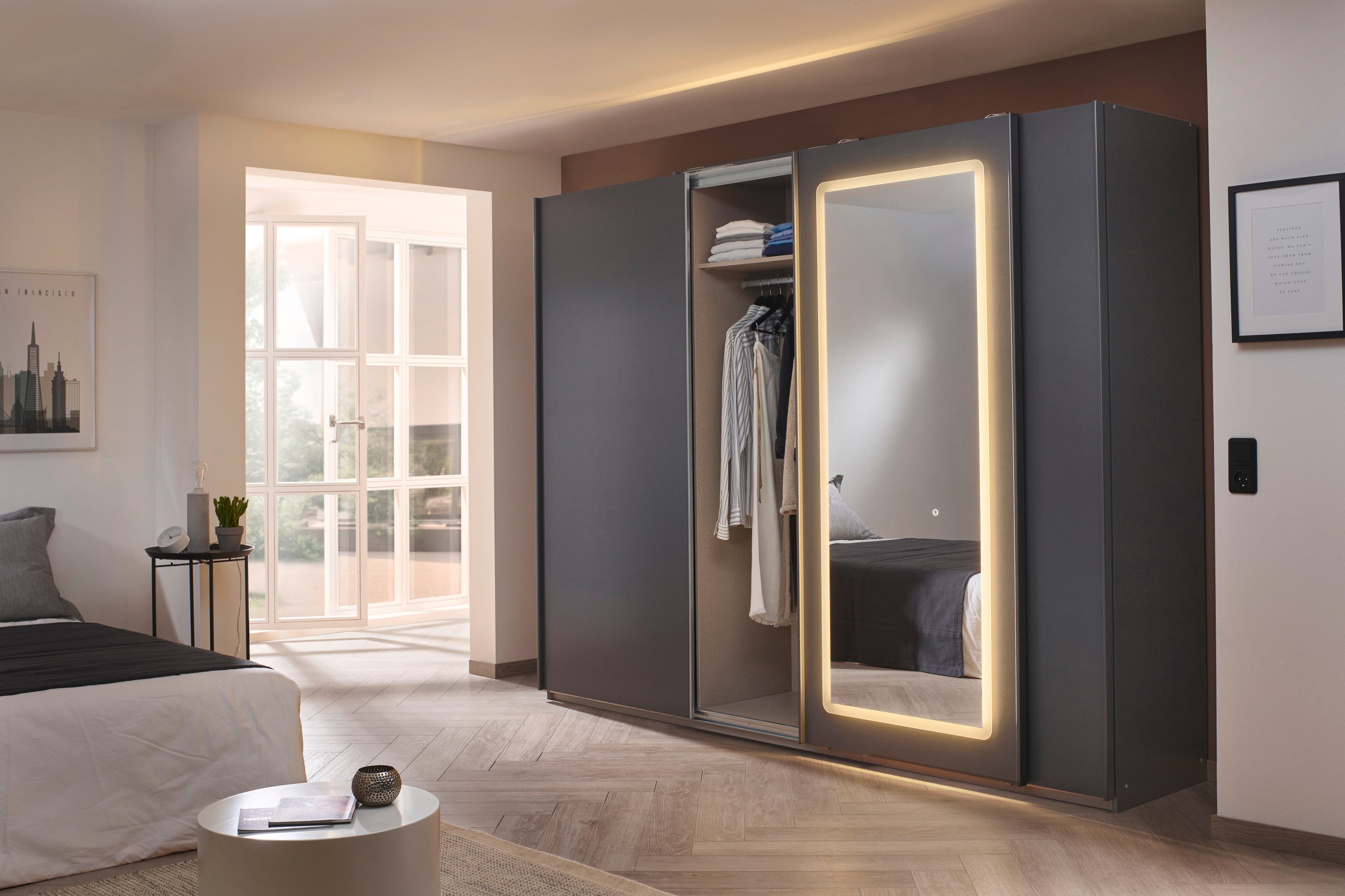 rauch Schwebetürenschrank »Kleiderschrank Schrank Garderobe Wäscheschrank ABRAXXAS«, mit Spiegel und integrierter dimmbarer LED-Beleuchtung MADE IN GERMANY