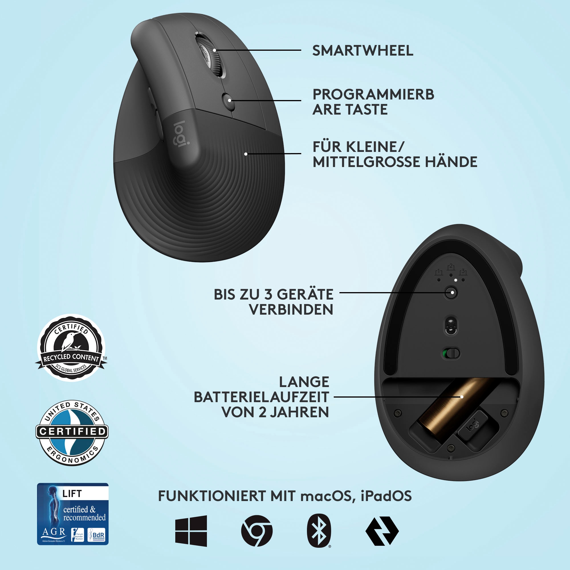 Logitech ergonomische Maus »Lift Right Vertical«, Bluetooth