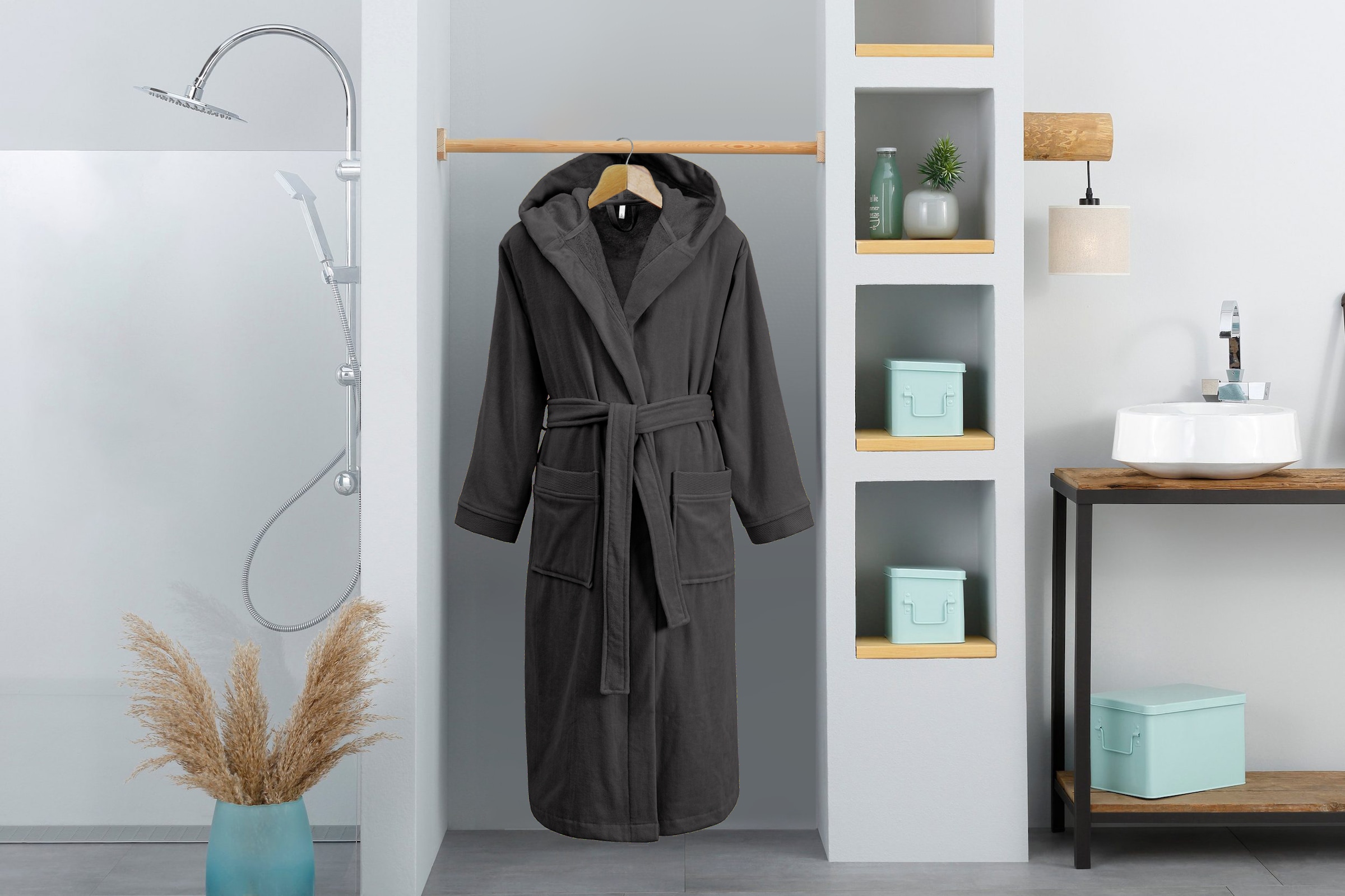 OTTO home Unisex-Bademantel »Fenya, 330 g/m², ideal für Sauna & Spa, Hotelbademantel, Morgenmantel«, (1 St.), Reißverschlusstaschen, weich mit GRATIS-Zugabe: 1x Duschtuch 70x140 cm