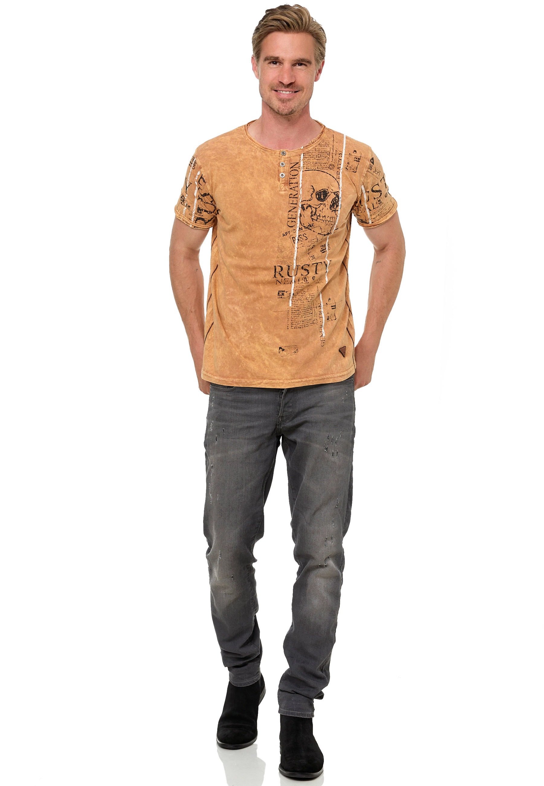 Rusty Neal T-Shirt, im Used-Look mit Allover-Print