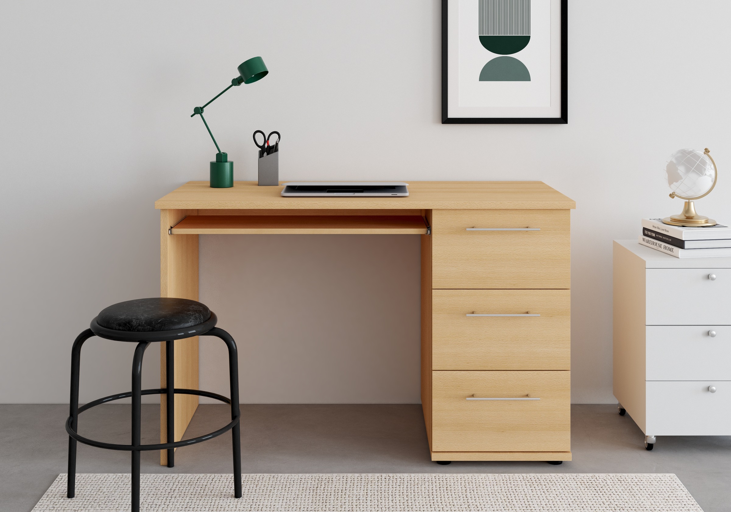Schreibtisch VOGL MÖBELFABRIK "Tobi, wahlweise mit 3 Schubkästen oder 1 Schubkasten/1 Tür", braun (buchefarben), B:115cm H:73cm T:56cm, Tische, Schreibtisch, optional mit Tastaturauszug, Breite 115 cm