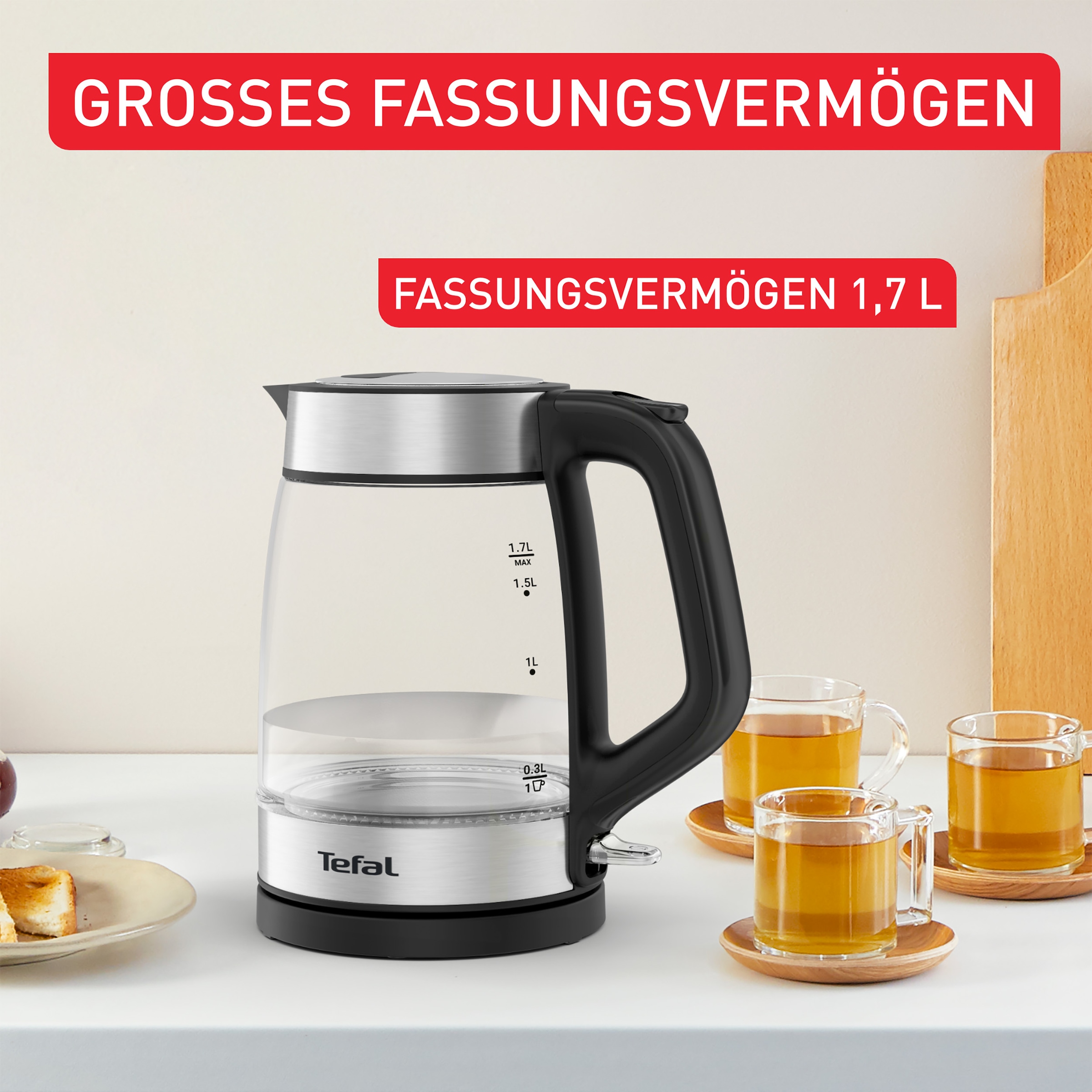 Tefal Wasserkocher »KI6058«, 1,7 l, 2200 W, Deckelöffnung auf Knopfdruck, großes Fassungsvermögen von 1,7 l